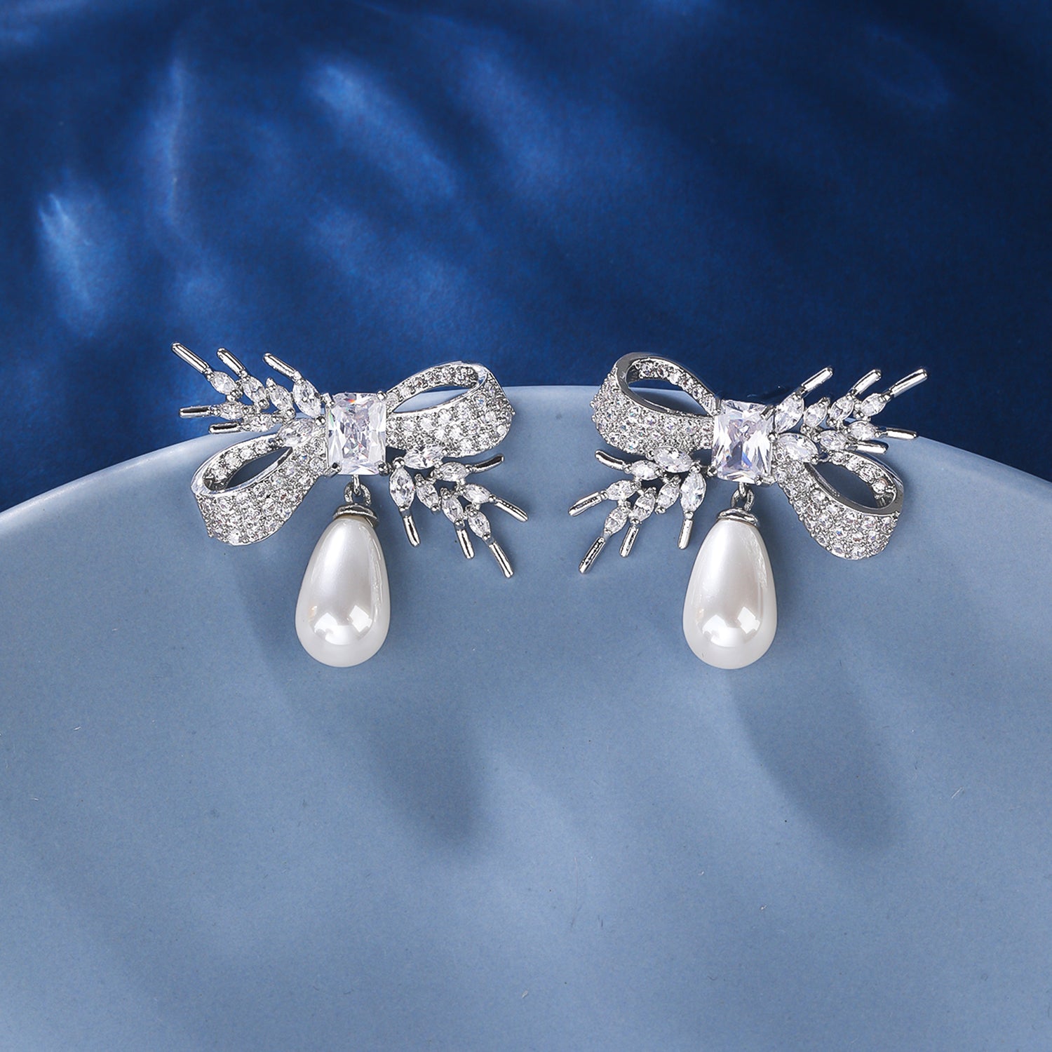 Cubic Zirconia Rosette Dangle Earrings for Women | Pearl Wedding Jewelry Set for Bride & Prom | Elegant Evening Party Accessories