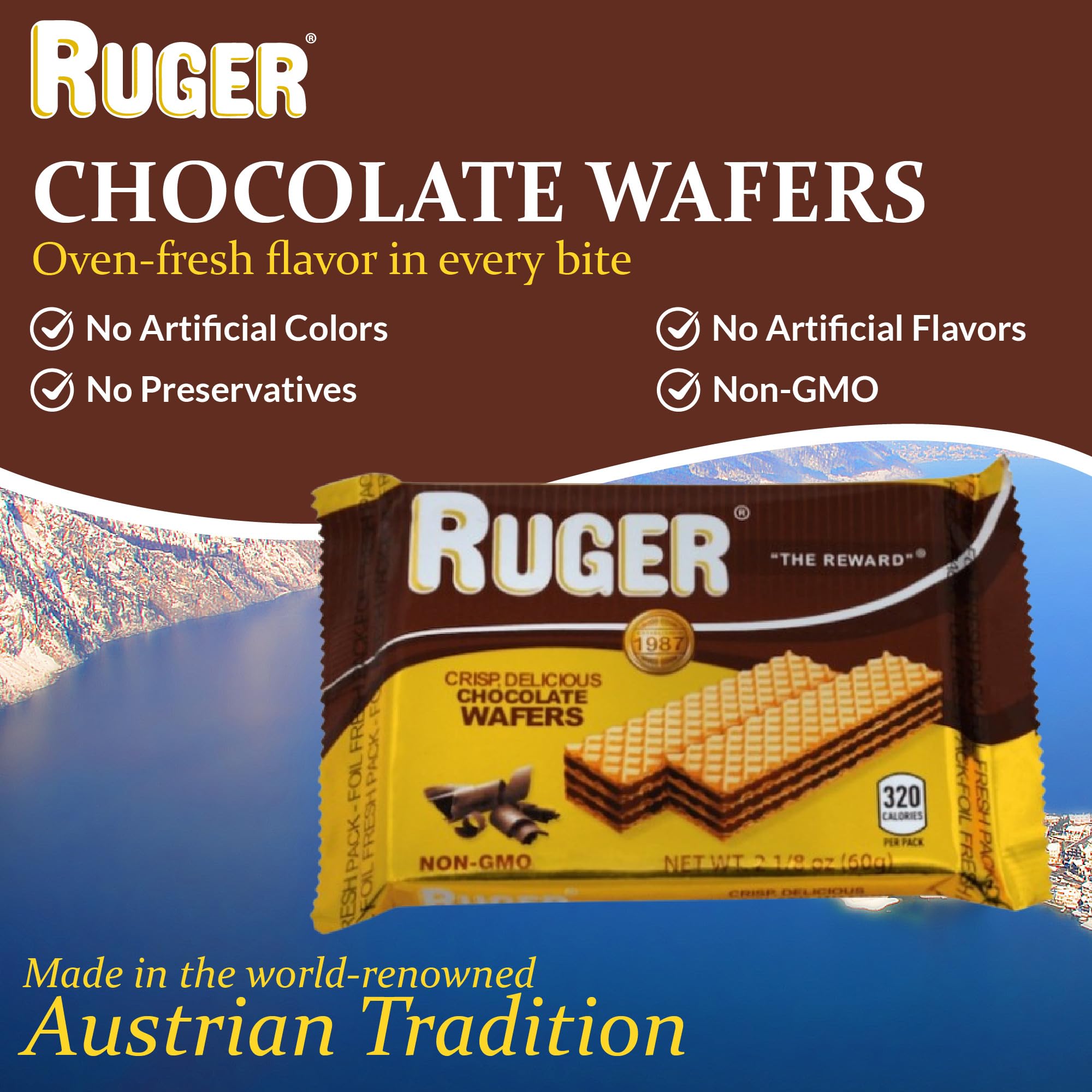 Ruger Austrian Chocolate Wafers - 12 Pack (2.125 oz Each) | Crispy Creamy Chocolate Snacks with Natural Ingredients | Long Shelf Life | Perfect for Office Snacks, Dessert Toppings & Gift Baskets