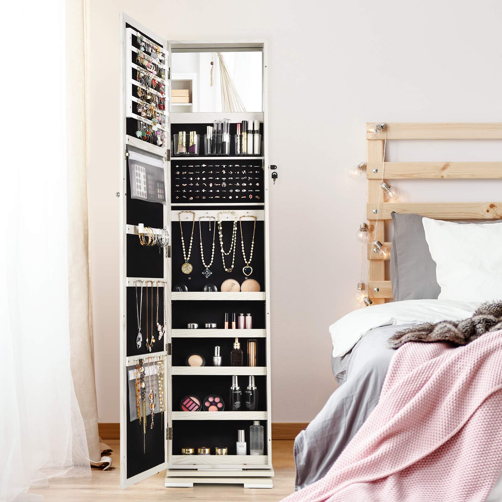 360° Rotating Jewelry Cabinet with Lock - Standing Jewelry Organizer with Full Length Mirror & Storage Shelves | Large Capacity Jewelry Armoire for Bedroom | Perfect for Closet Organization & Dressing Room Decor