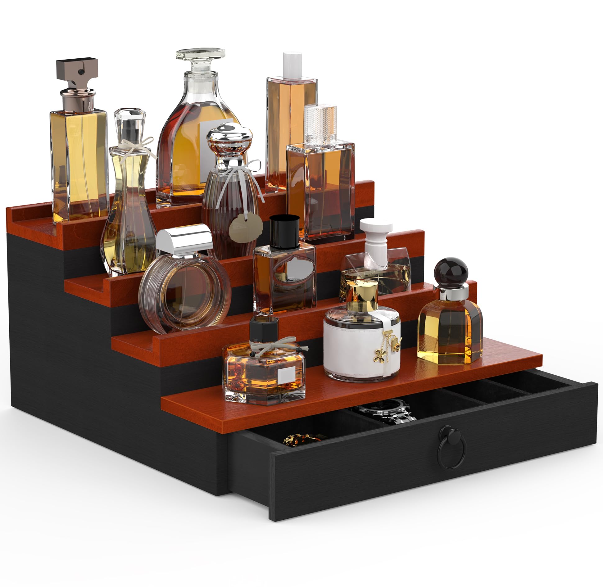 4-Tier Cologne Organizer for Men with Drawer & Hidden Compartment - Perfume Display Stand & Storage Shelf - Perfect Gift for Him - Ideal for Bedroom, Bathroom or Dresser Organization