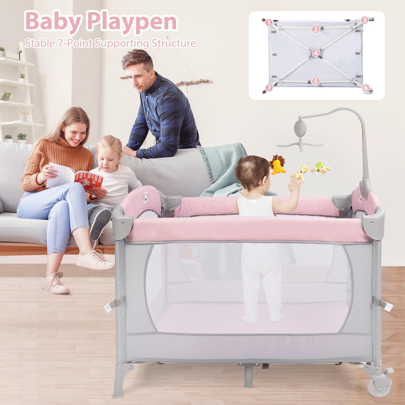 5-in-1 Baby Bassinet Bedside Crib with Adjustable Height, Portable Pack and Play Sleeper for Newborns & Infants - Perfect for Nursery, Bedroom Co-Sleeping & Travel (Pink)