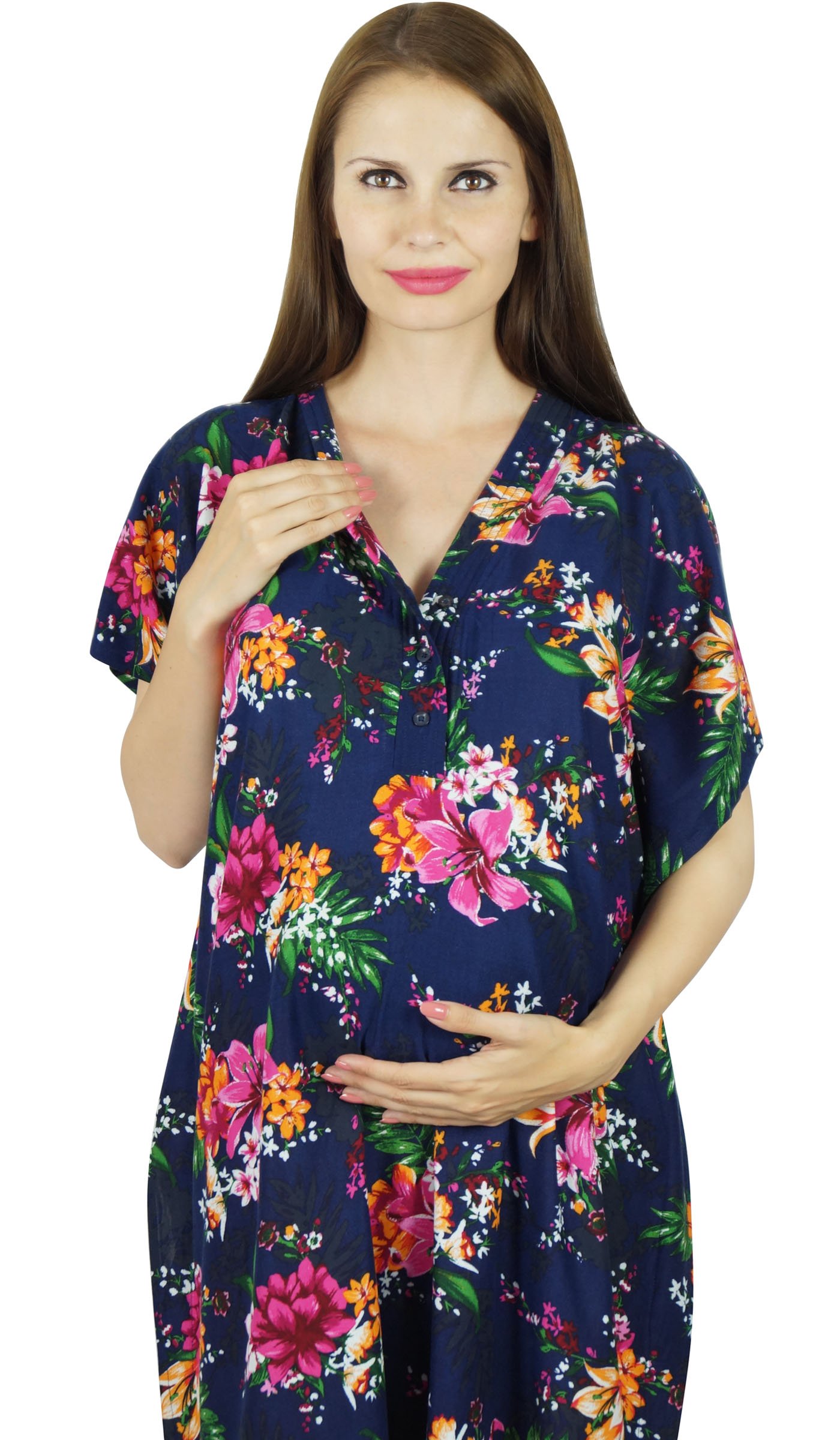 Bimba Maternity Kaftan Dress with Belt - Rayon Nursing Nightgown with Front & Back Buttons - Comfortable Blue Pregnancy & Postpartum Wear for Breastfeeding, Hospital Stay & Home Relaxation