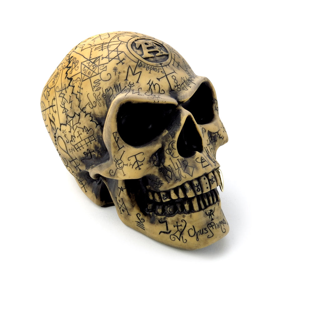 Gothic Inscribed Skull Statue - Dark Decor for Halloween, Home Altar & Gothic Interior Design
