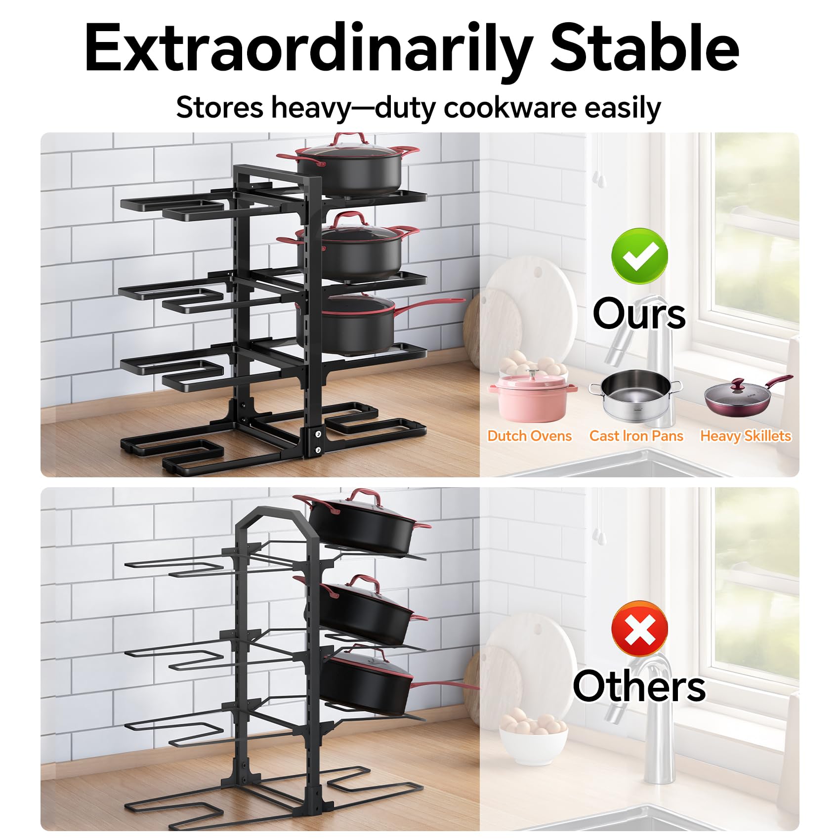 8-Tier Heavy Duty Pots and Pans Organizer Rack - Adjustable Kitchen Cabinet Storage for Dutch Ovens, Cast-Iron Pans & Lids - Space-Saving Under Cabinet Solution for Organized Pantry & Clutter-Free Cooking