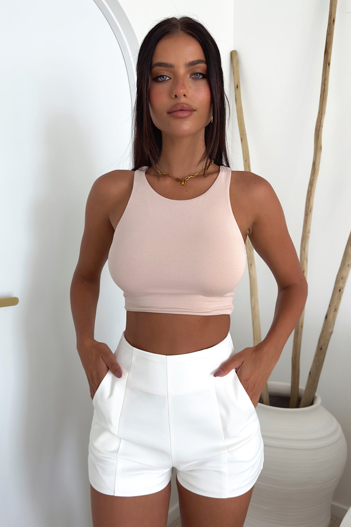 Liani Beige Crop Top - Women's Fashion Casual Short Shirt for Summer Outfits, Beachwear, and Street Style