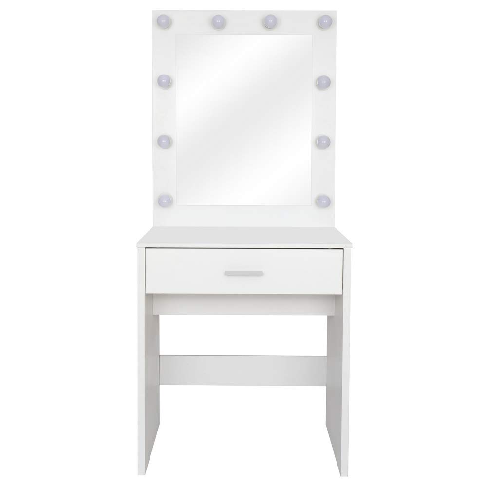 GBB Single Drawer Vanity Table with LED Lights & Large Mirror - White Makeup Dressing Table for Bedroom, Home Office, Hair Salon & Studio - Perfect for Daily Makeup, Skincare Routine & Professional Beauty Services