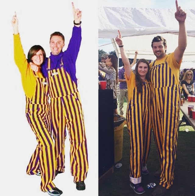 Purple & Yellow Adult Game Day Bib Overalls - Durable Denim Jumpsuit for Sports Fans, Tailgating & Casual Wear - Perfect for Football, Baseball & Outdoor Events