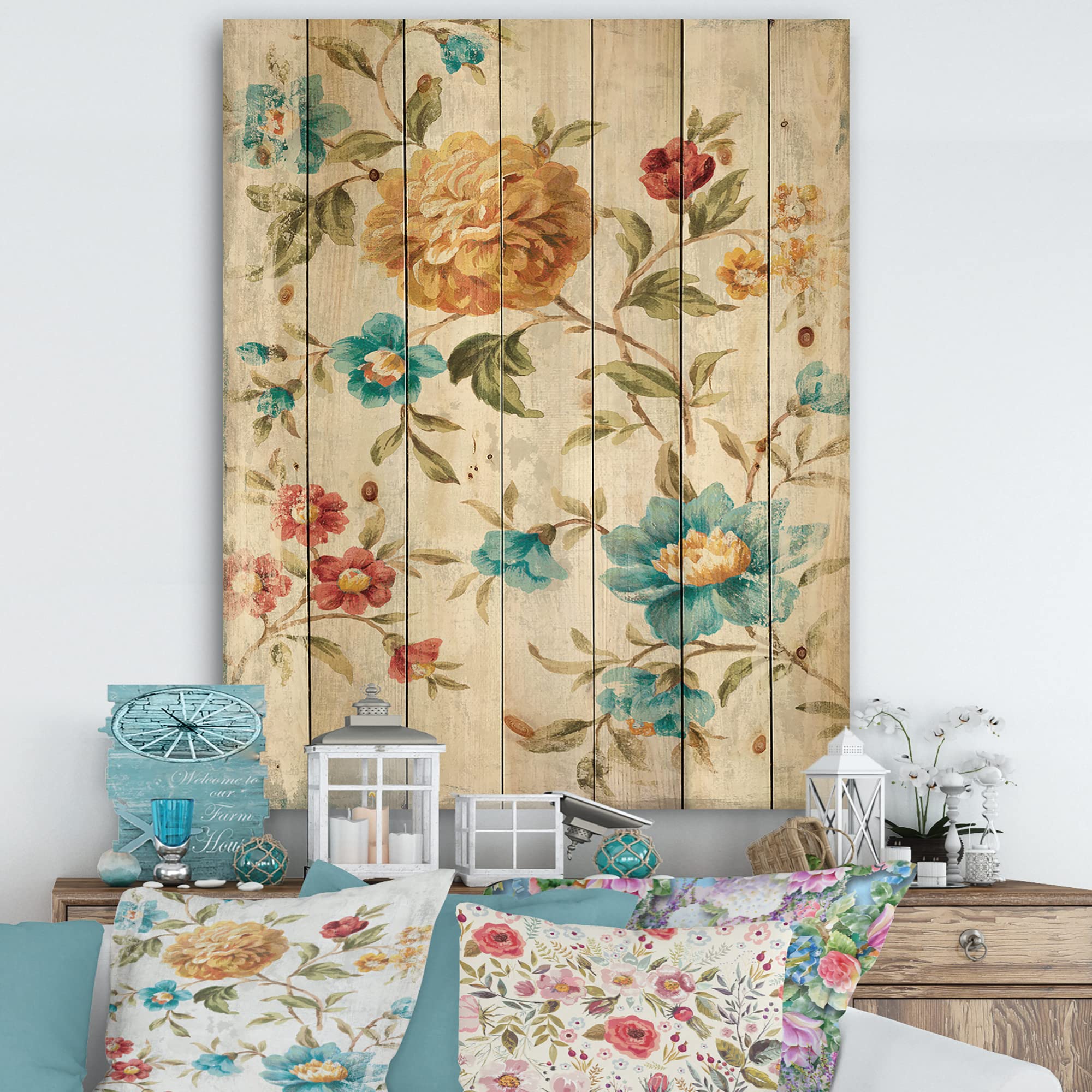 DesignQ Golden Flowers Wood Wall Decor - Blue Floral Pine Wood Art Panels for Cabin & Lodge - Large Rustic Wall Art for Living Room, Bedroom & Home Decor