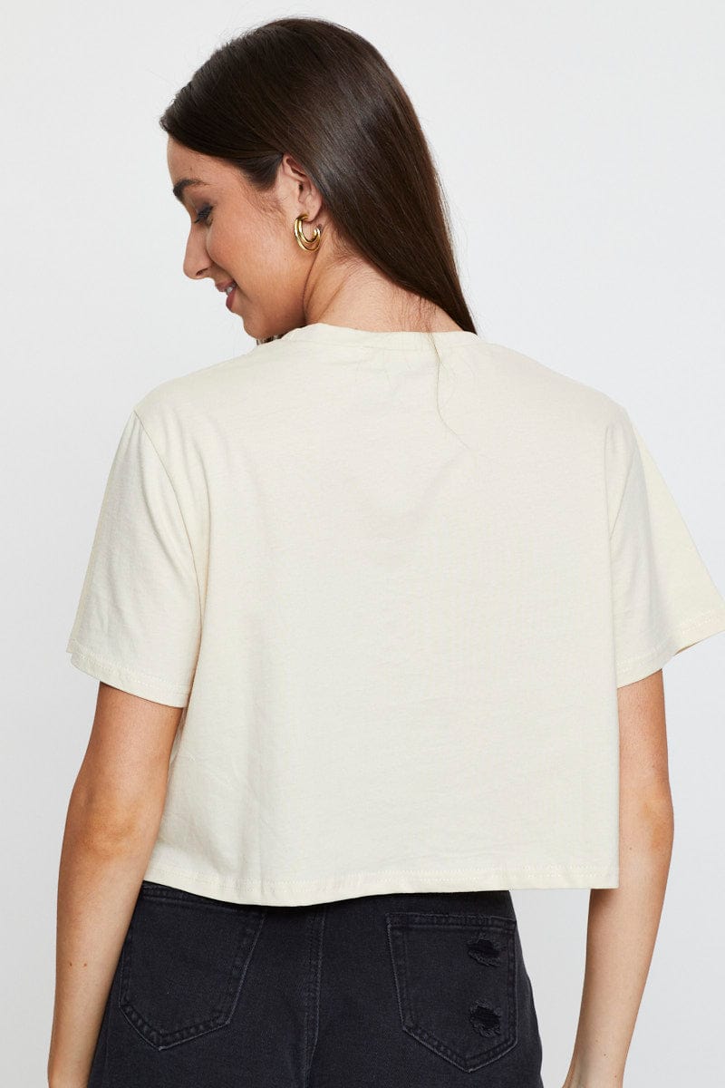 Trendy Beige Graphic Print Short Sleeve Crop Top T-Shirt for Women | Casual Streetwear & Summer Outfits