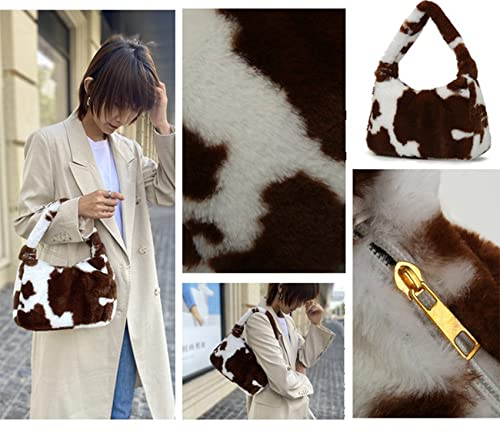 Women's Fluffy Faux Fur Cow Print Shoulder Bag - Stylish Clutch Purse with Zipper Closure, Underarm Handbag & Satchel Tote for Parties, Date Night and Casual Outings