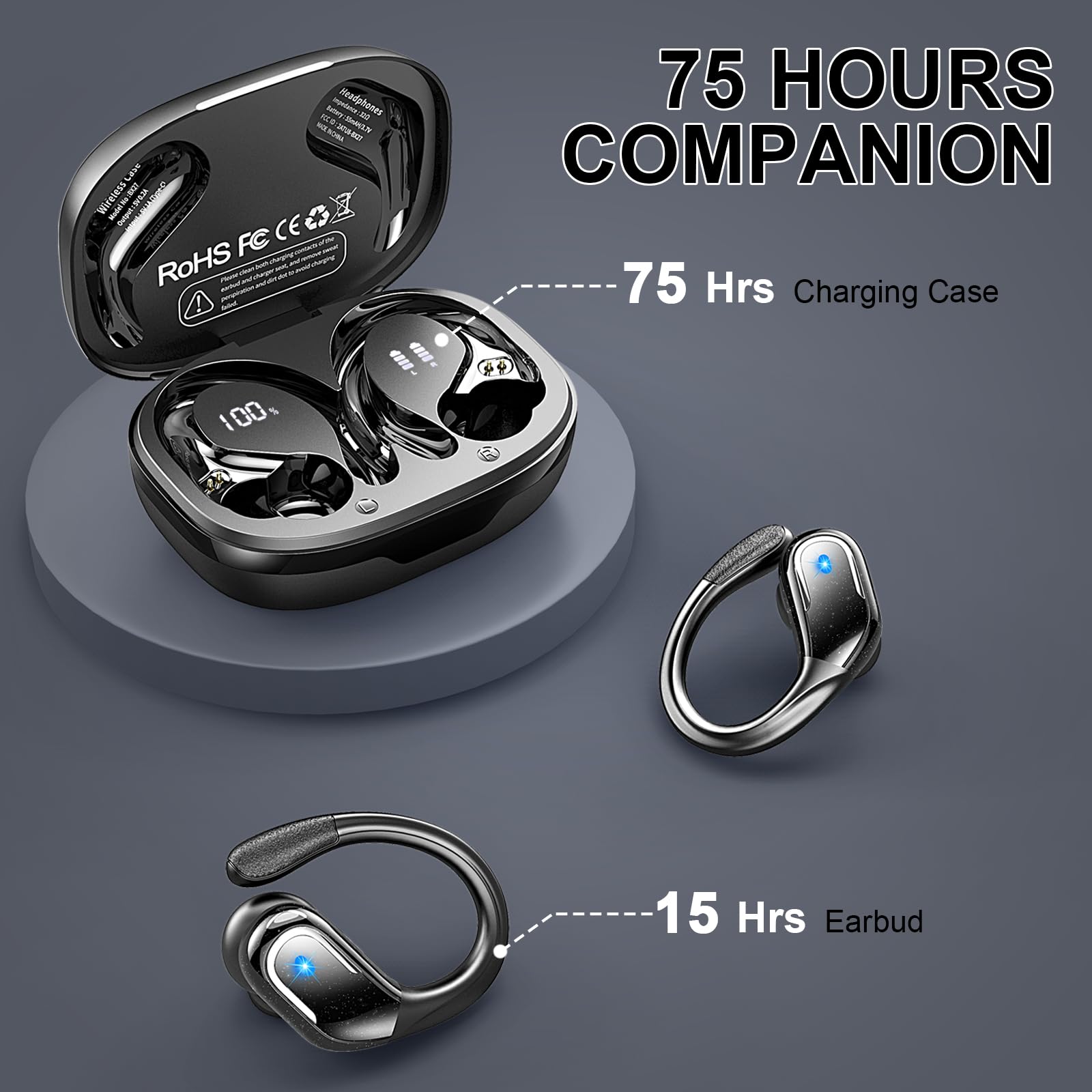 2024 Wireless Bluetooth 5.4 Sports Earbuds - 75H Playtime, 4 ENC Mic, Noise Cancelling Over-Ear Headphones with Earhooks, IP7 Waterproof - Perfect for Running, Workouts & Gym Sessions