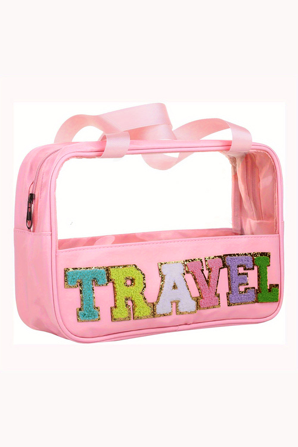 Stylish Chenille Letter Clear PVC Makeup Bag for Travel - Perfect Cosmetic Organizer for Vacation, Gym & Daily Essentials