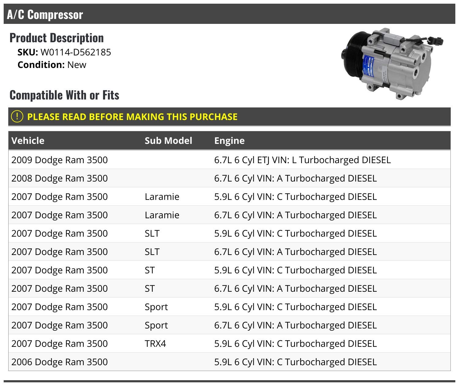 High-Performance A/C Compressor for 2006-2009 Dodge Ram 3500 - Direct Fit Replacement Part - Keep Your Truck Cool in Summer Heat | Perfect for Road Trips & Heavy-Duty Work