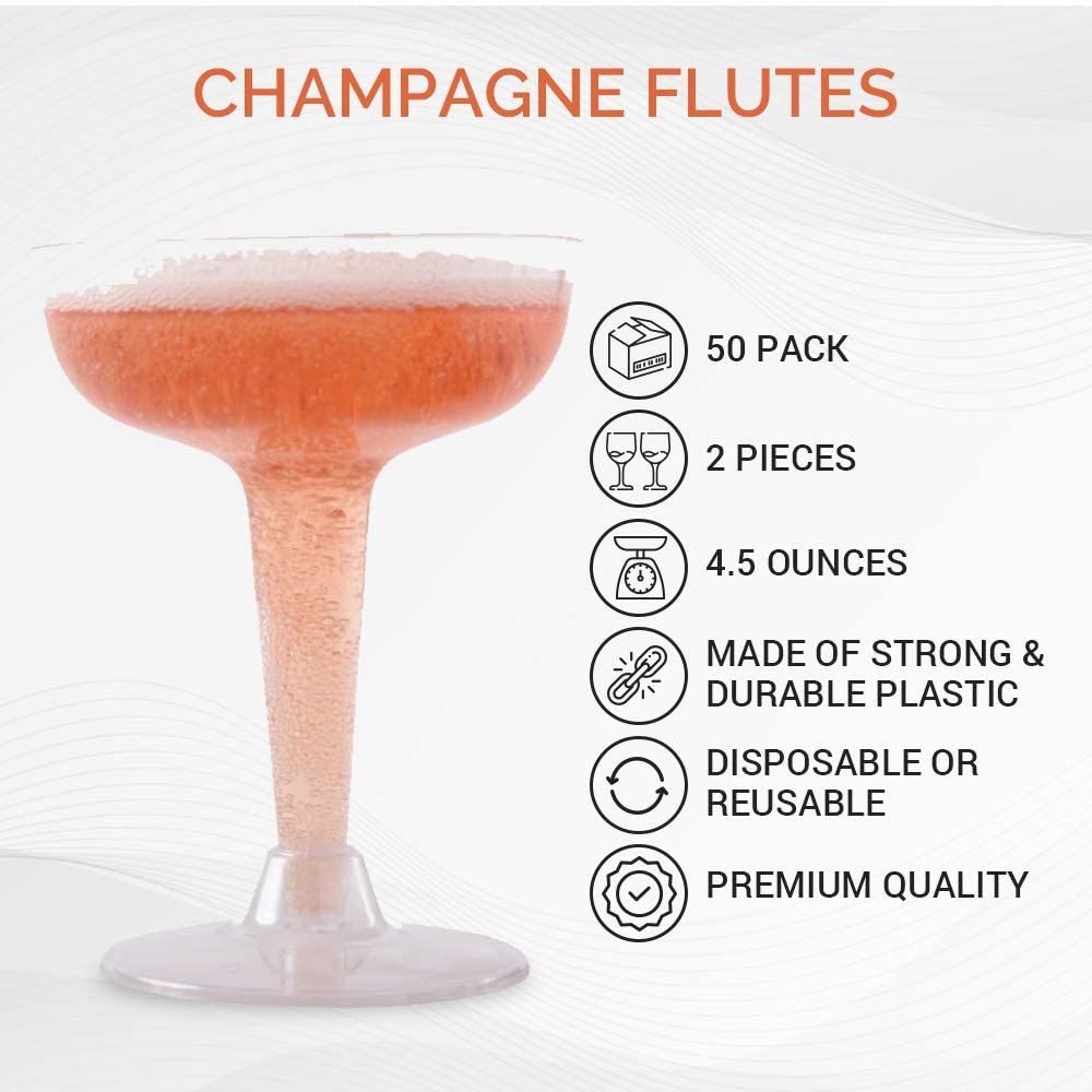 Oasis Creations 4.5oz Plastic Champagne Glasses Set - 2 Piece Stemware (Case of 300) - Perfect for Weddings, Parties, and Catering Events