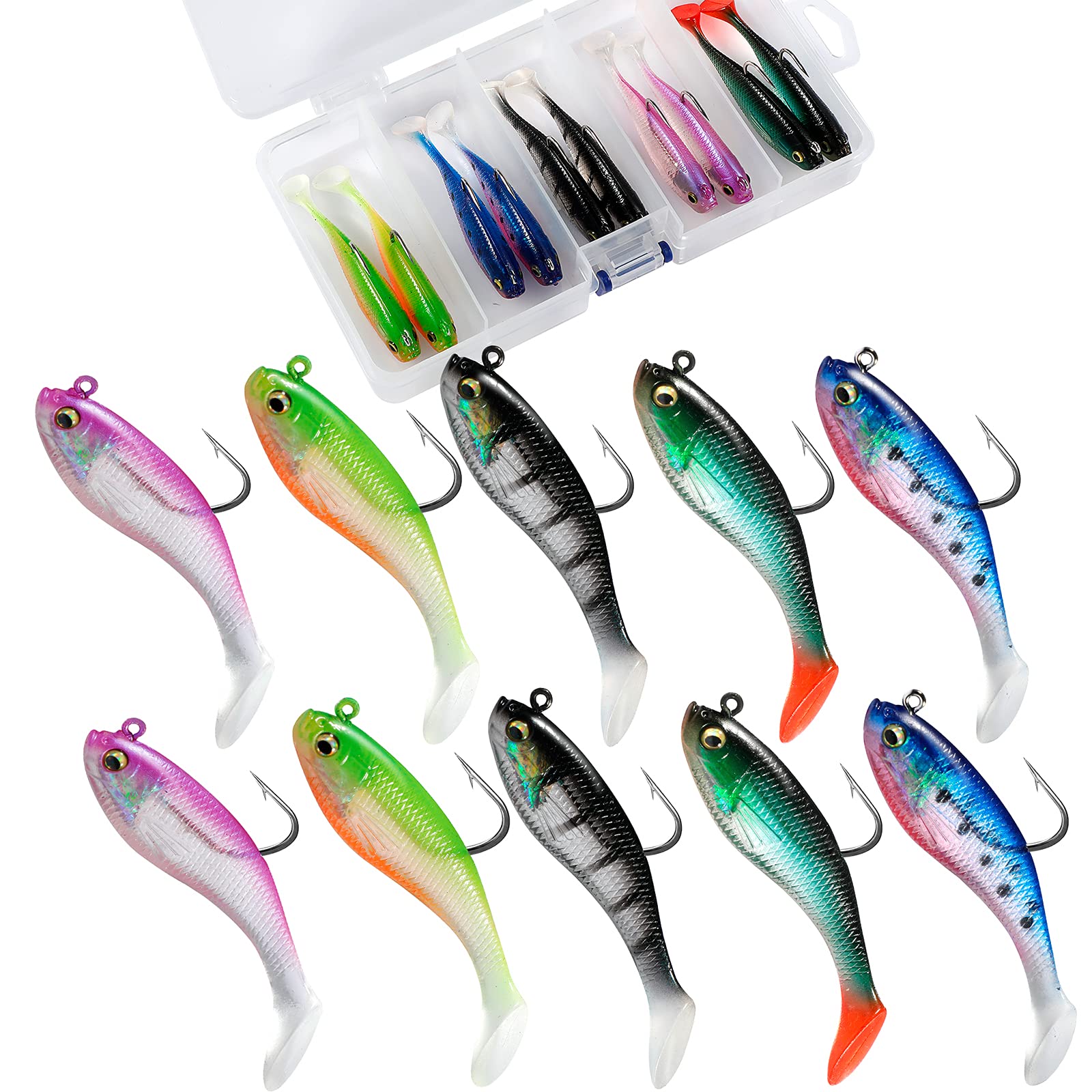 PLUSINNO Fishing Lures Kit - Pre-Rigged Soft Swimbaits with Paddle Tail & Ultra-Sharp Hooks for Trout, Pike, Walleye, Bass - Saltwater & Freshwater Fishing Bait - Perfect for Lake, River, and Ocean Angling Adventures
