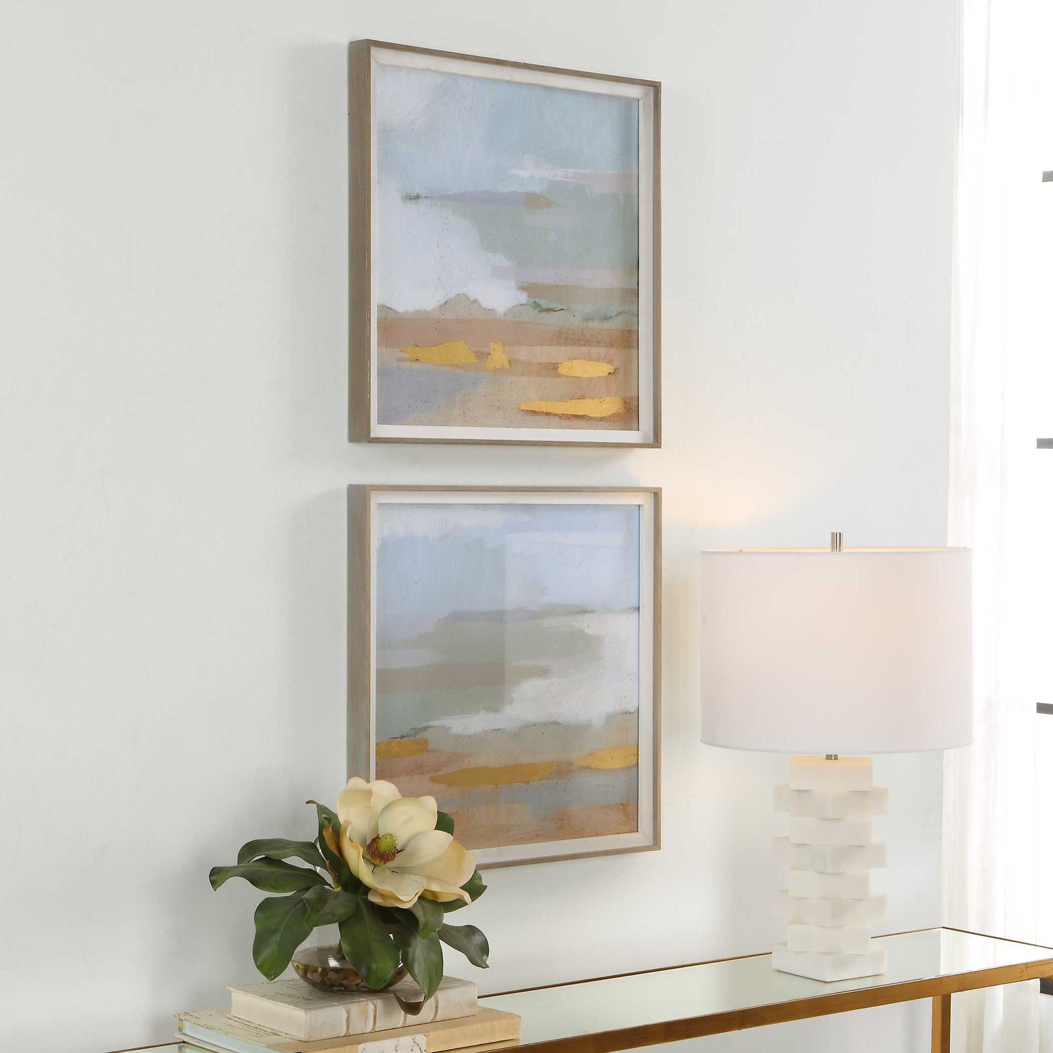 Abstract Coastline Framed Wall Art Prints - Set of 2 Modern Ocean Beach Decor for Living Room, Bedroom & Office