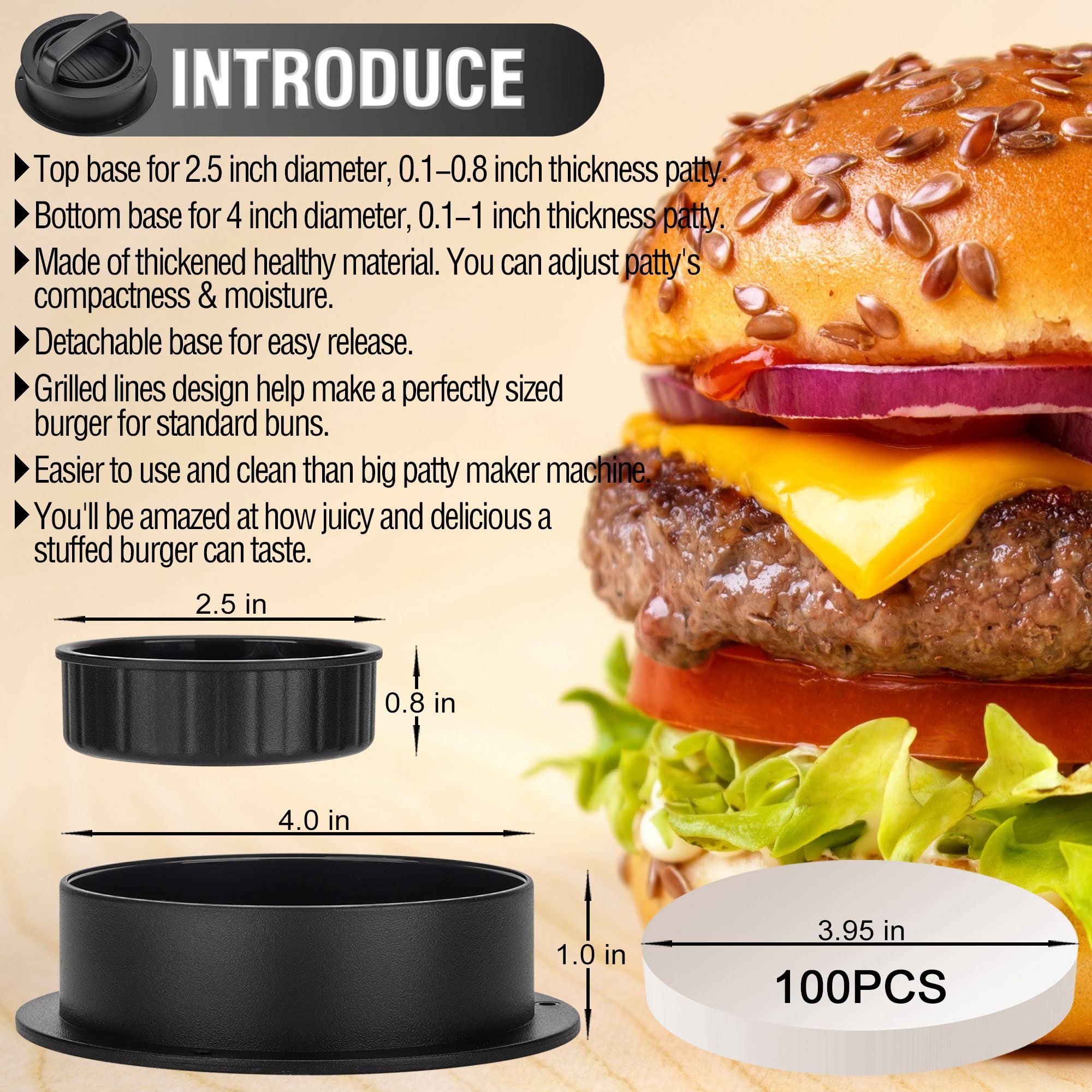 3-in-1 Stuffed Burger Press & Patty Maker - Hamburger Press for Beef, Veggie Burgers & Sliders - Includes 100PCS Patty Wax Papers - Perfect for BBQ, Picnics & Home Cooking