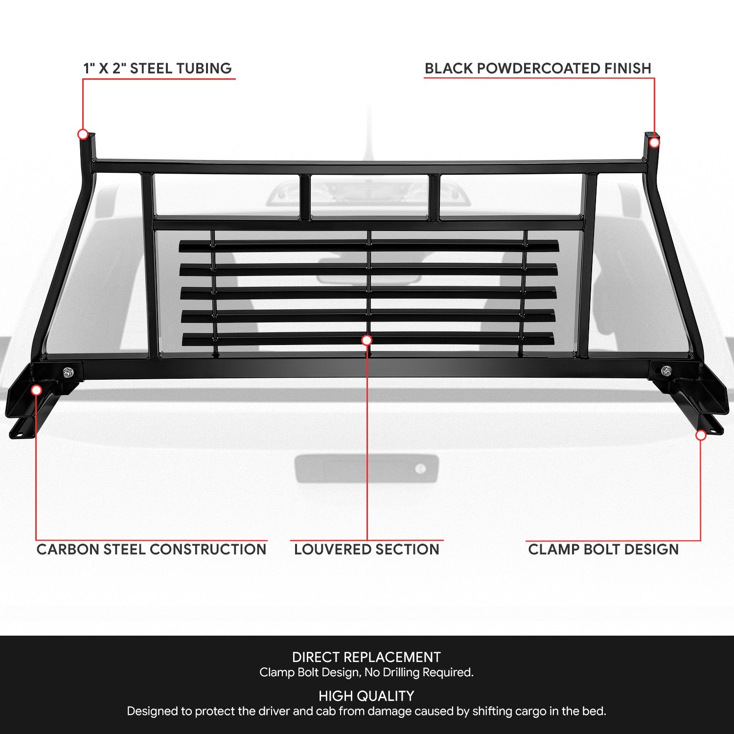 1 X 2 Inch Steel Tubing Headache Rack for 2019-2023 Ford Ranger Pickup Truck - Heavy Duty Rear Window Protection & Cargo Security for Off-Roading & Work Trucks