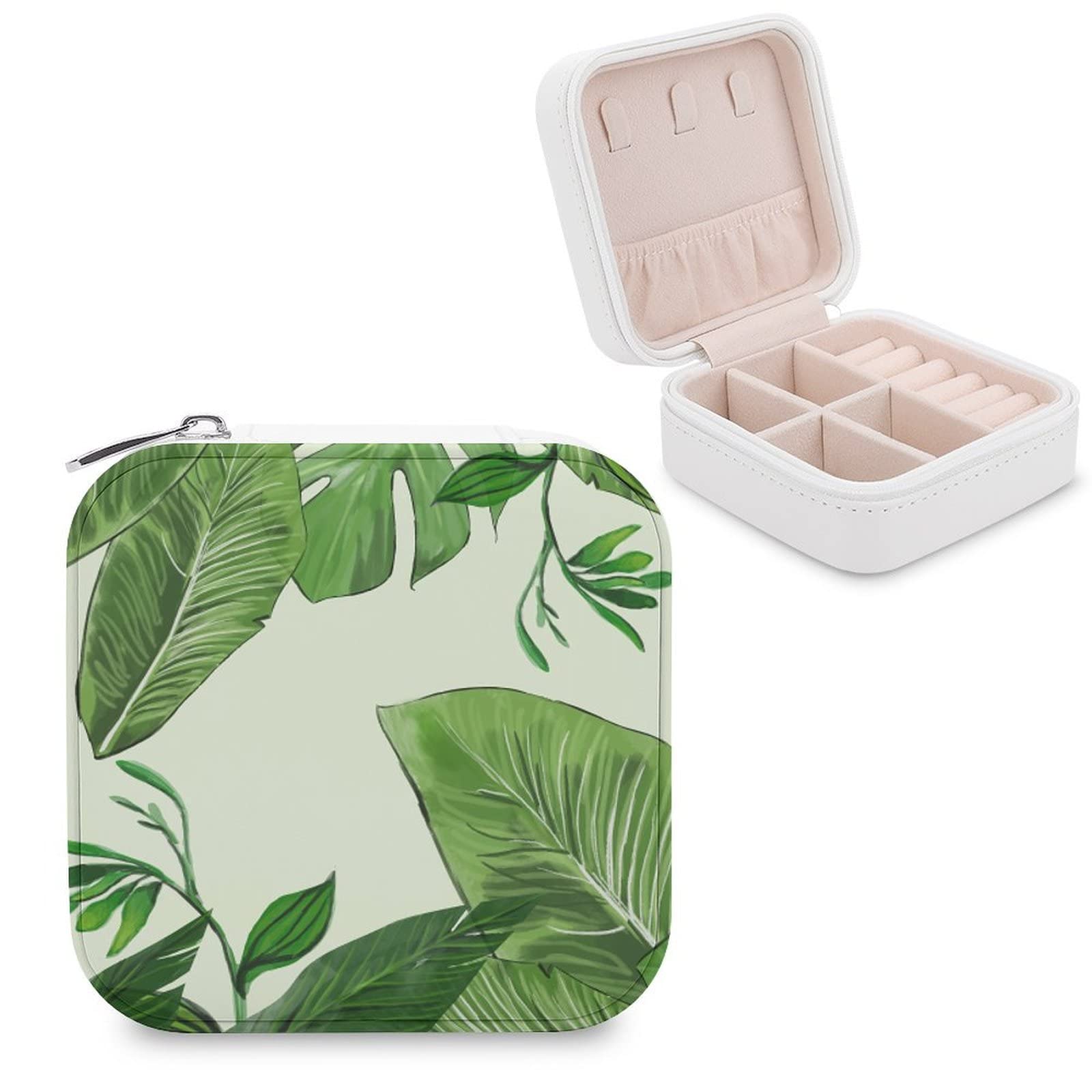 Elegant Green Leaves PU Jewelry Box - Portable Travel Organizer for Rings, Earrings, Necklaces & Bracelets | Perfect for Gift Giving, Travel Storage & Home Display