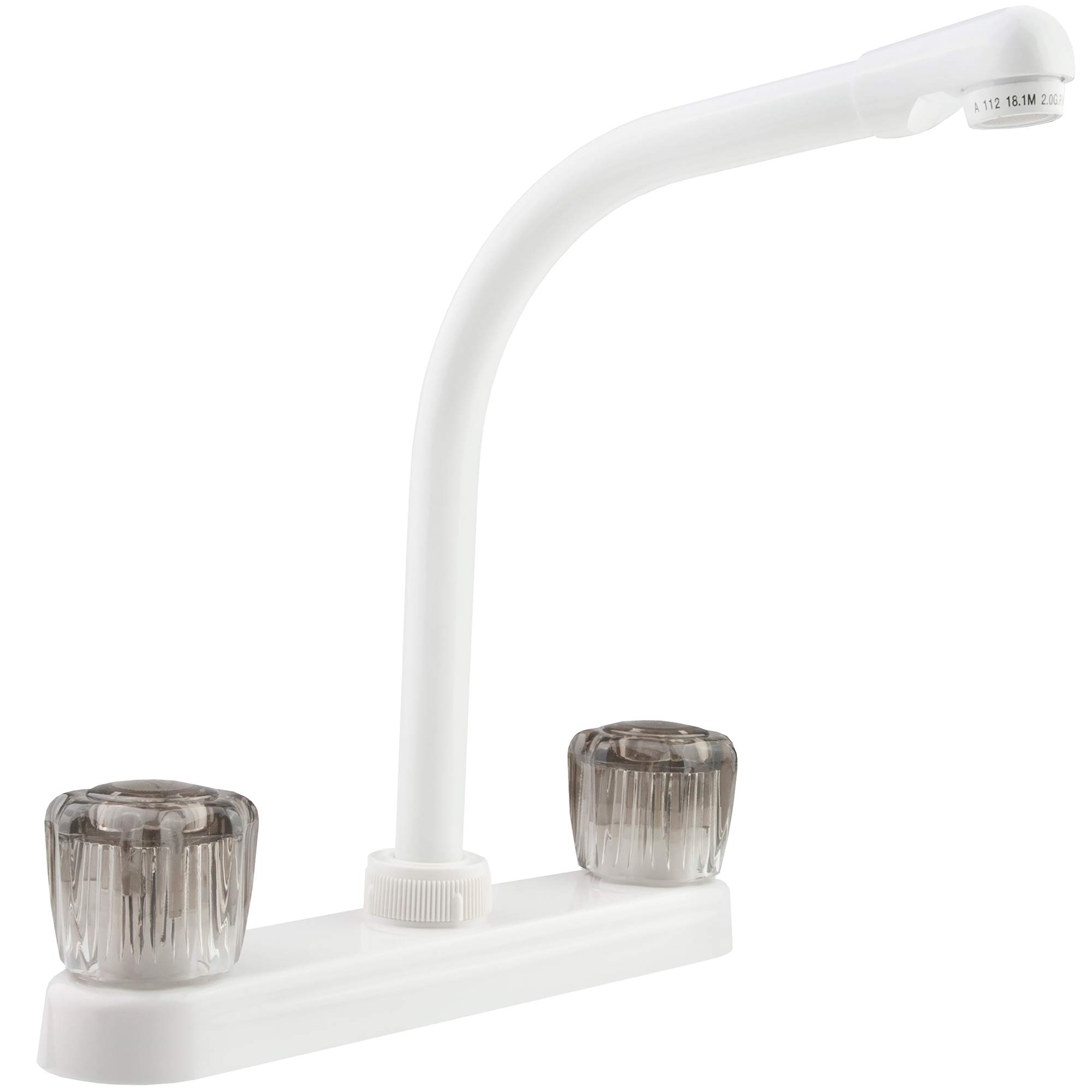 Dura Faucet DF-PK210S-WT High Rise RV Kitchen Sink Faucet with Smoked Acrylic Knobs in White - Perfect for RV, Camper, Tiny Home & Mobile Kitchen Upgrades