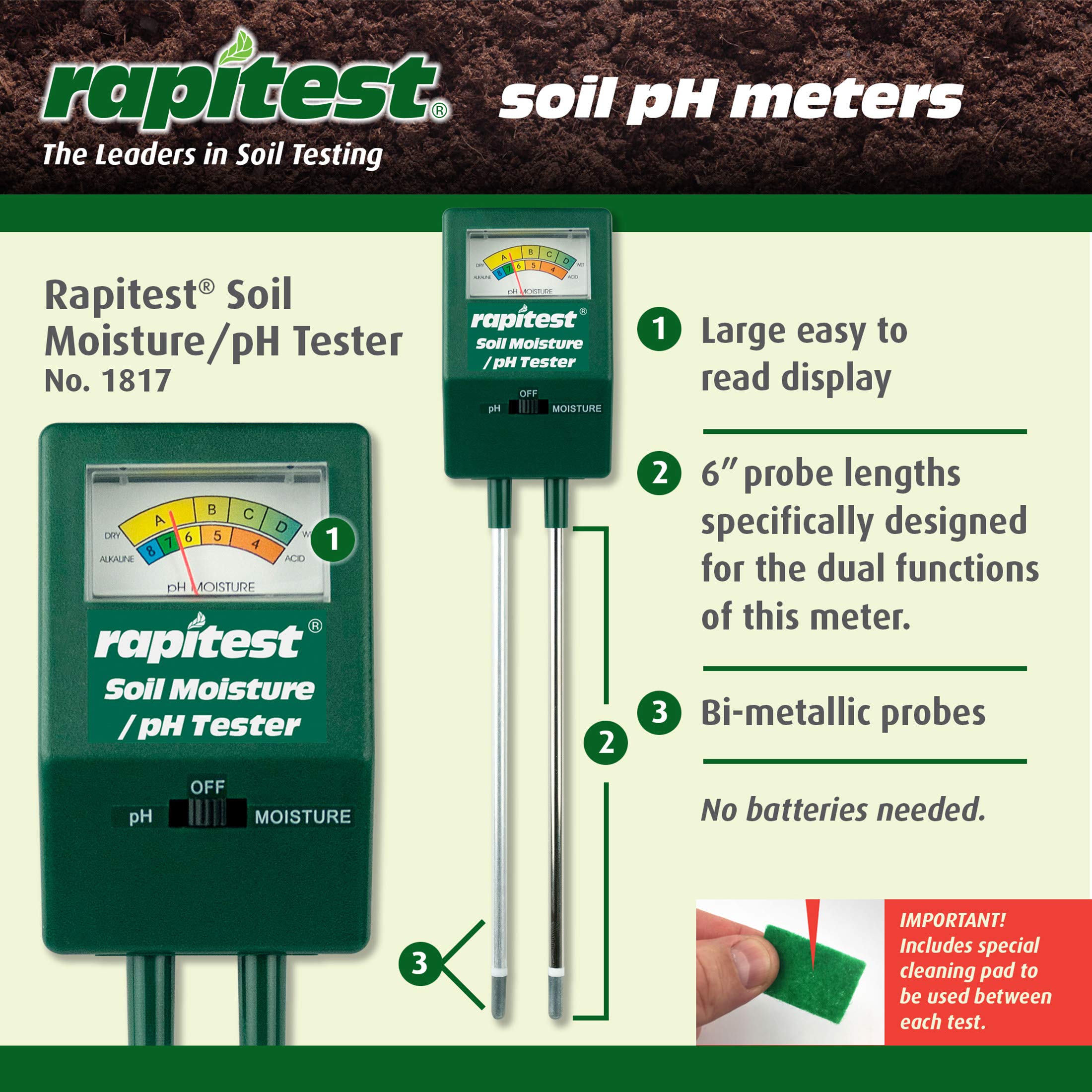 Luster Leaf 1817 Rapitest Digital Soil pH and Moisture Tester for Plants - Accurate Gardening Tool for Indoor/Outdoor Plants, Flowers, Vegetables - Essential for Home Gardeners and Professional Landscapers
