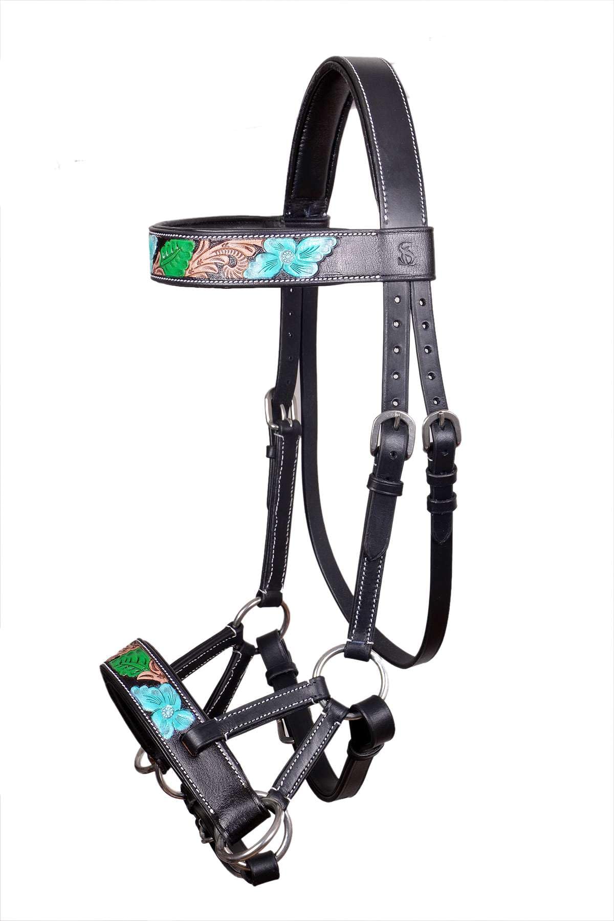 MEWATI Handmade Western Leather Sidepull Bridle - Teal Blue Floral & Green Leaf Tooling - Vegetable Tanned Leather - Perfect for Horse Riding, Training & Equestrian Shows