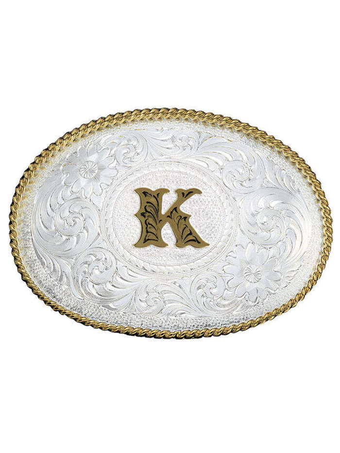 Montana Silversmiths 700 Initial Silver Engraved Gold Trim Western Belt Buckle for Men & Women - Perfect for Cowboy Boots, Jeans & Western Outfits