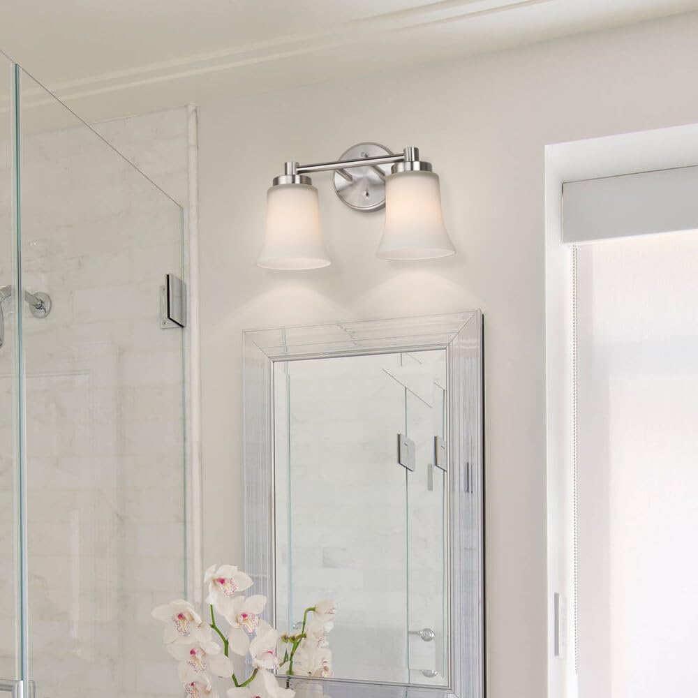 XiNBEi Modern Bathroom Vanity Light - Brushed Nickel 2-Light Wall Sconce with Glass Shades for Bathroom, Powder Room & Dressing Area | XB-W1235-2-BN