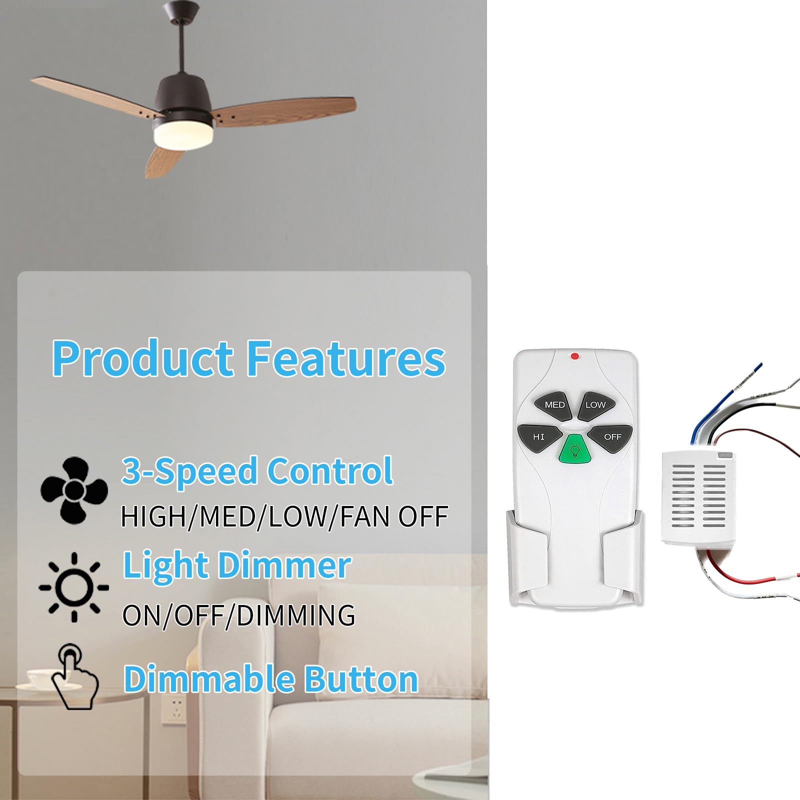 2 Pack Universal Ceiling Fan Remote Control Kit with Light Dimmer & 3 Speed Fan Controller - Mini Receiver Replacement for Hampton Bay, Hunter, Harbor Breeze, Westinghouse, Honeywell & More - Perfect for Bedroom, Living Room & Office Use