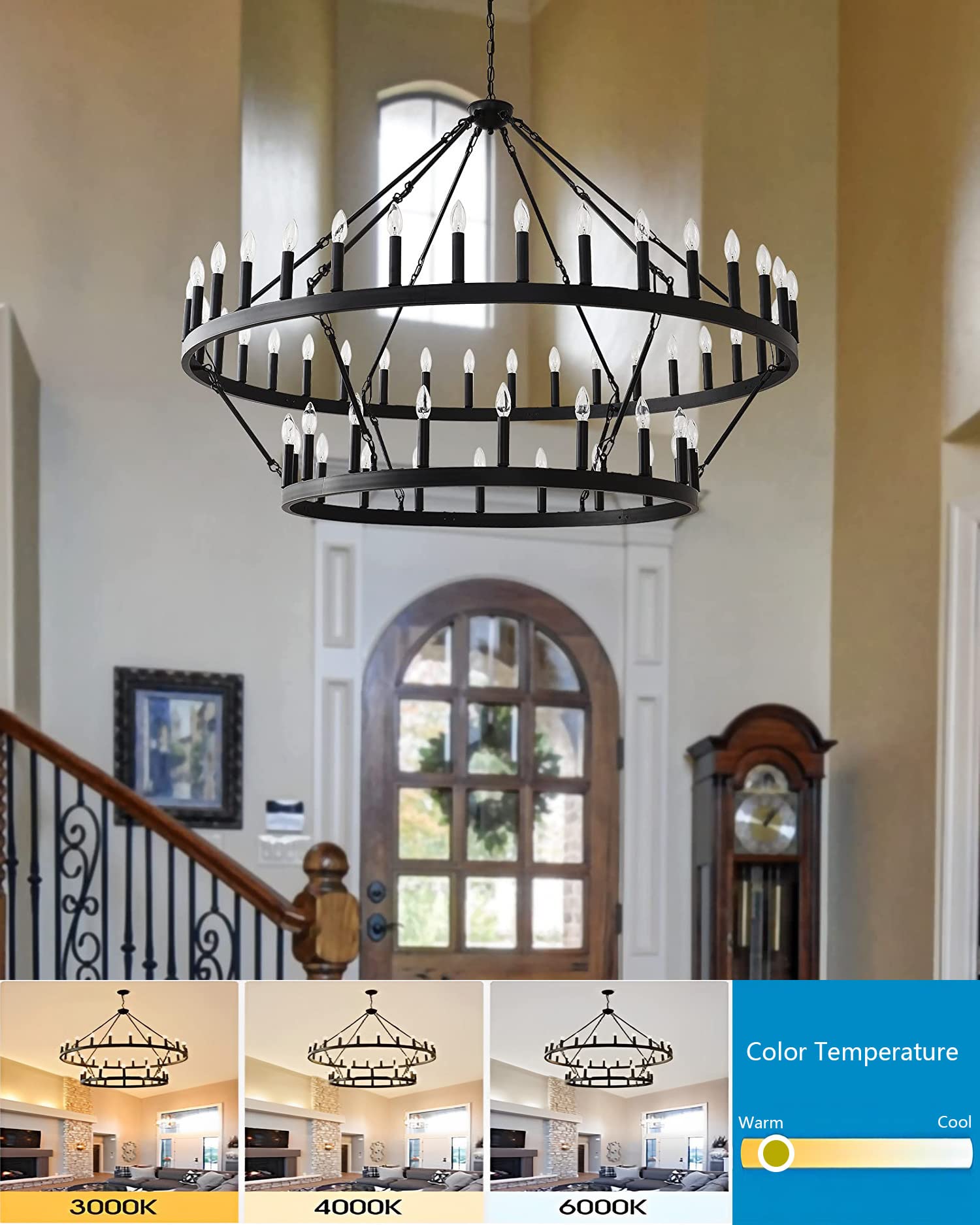 60 Inch Large Black Wagon Wheel Chandelier - 2 Tier 54-Lights Farmhouse Industrial Rustic Pendant Light Fixture for Dining Room, Kitchen, Living Room & Bedroom | Perfect for Country Style Home Decor & Cabin Lighting