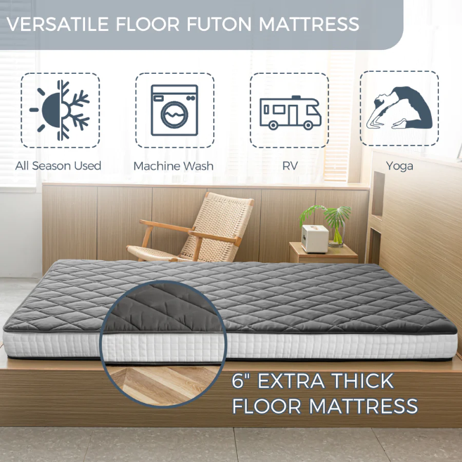 MAXYOYO Diamond Patterned Padded Japanese Futon Bed - Extra Thick Floor Mattress & Quilted Mattress Topper in Dark Grey | Perfect for Guest Beds, Small Spaces & Minimalist Home Decor