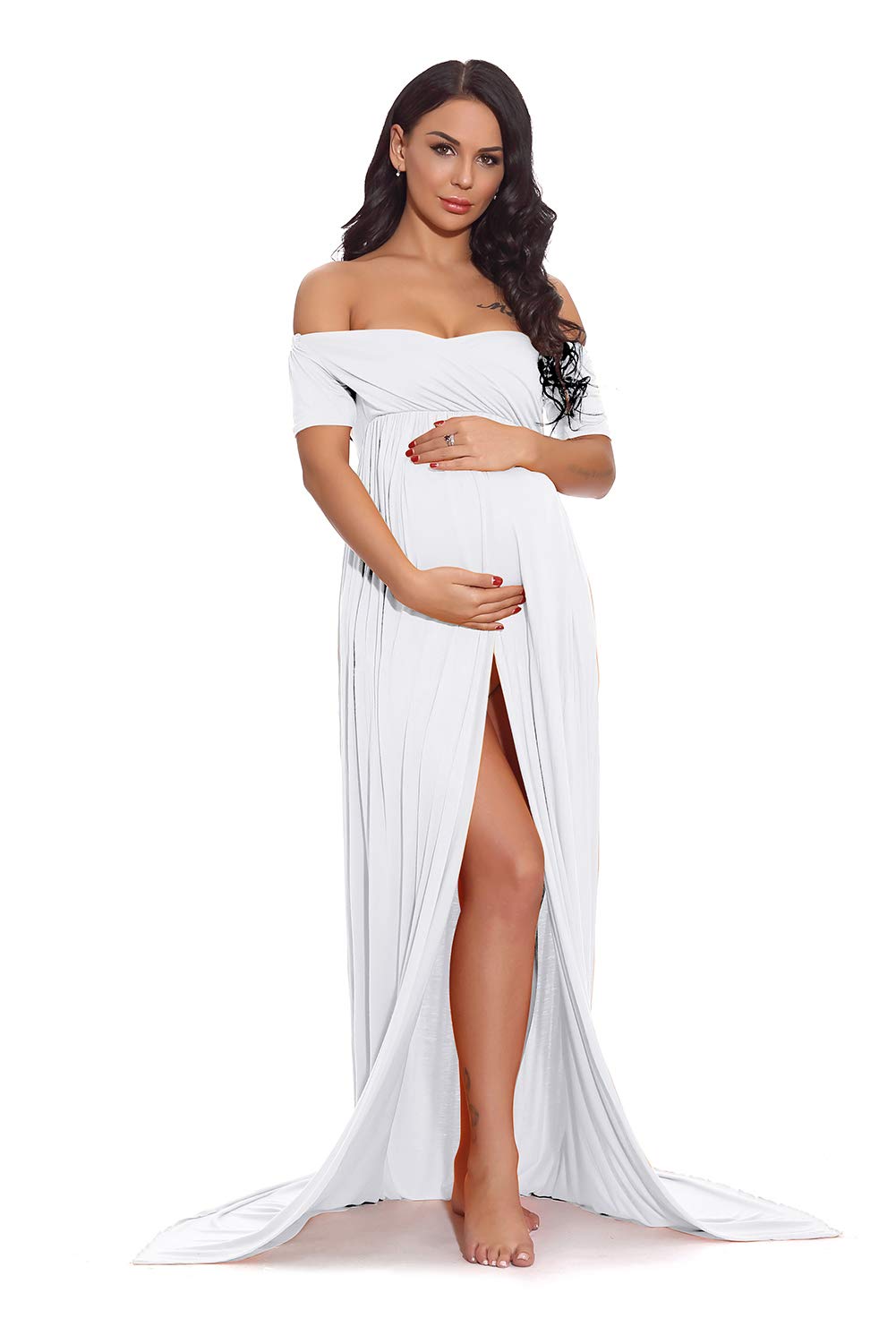 ZIUMUDY Maternity Photoshoot Dress - Off Shoulder Wrap Ruched Maxi Gown with Front Split for Pregnancy Photoshoots, Baby Showers & Special Occasions