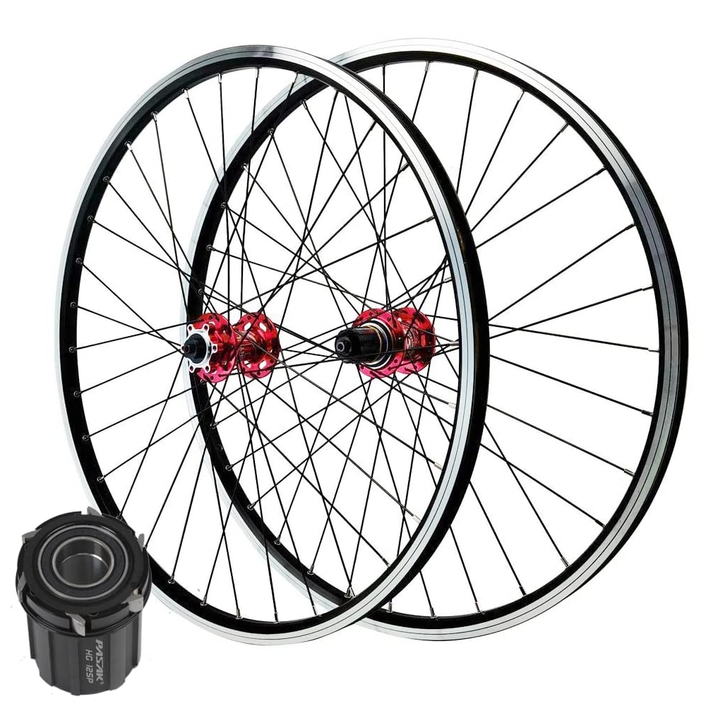 Premium GXFWJD 26 Inch MTB Wheelset - Handmade Mountain Bike Rims, 32 Spokes, Disc/Rim Brake Compatible, 7-11 Speed Cassette, QR Sealed Bearing Hubs (Red Hub) - Ideal for Trail Riding, Cross-Country & All-Mountain Biking