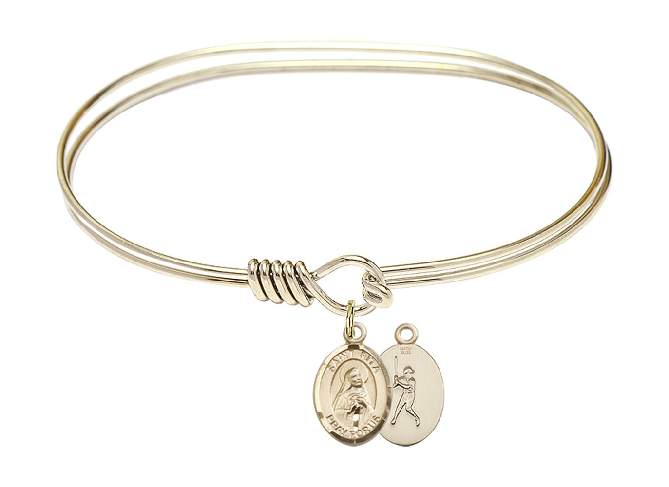 F A Dumont 7 Inch Oval Eye Hook Bangle Bracelet with St. Rita & Baseball Charms - Perfect for Religious Jewelry Gifts & Sports Fan Accessories