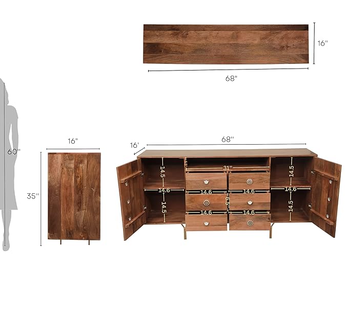 Premium Solid Mango Wood Sideboard Cabinet - Corsica Traditional Full Size Storage Chest with Stencil Carving | Perfect for Dining Room, Living Room & Home Office Organization