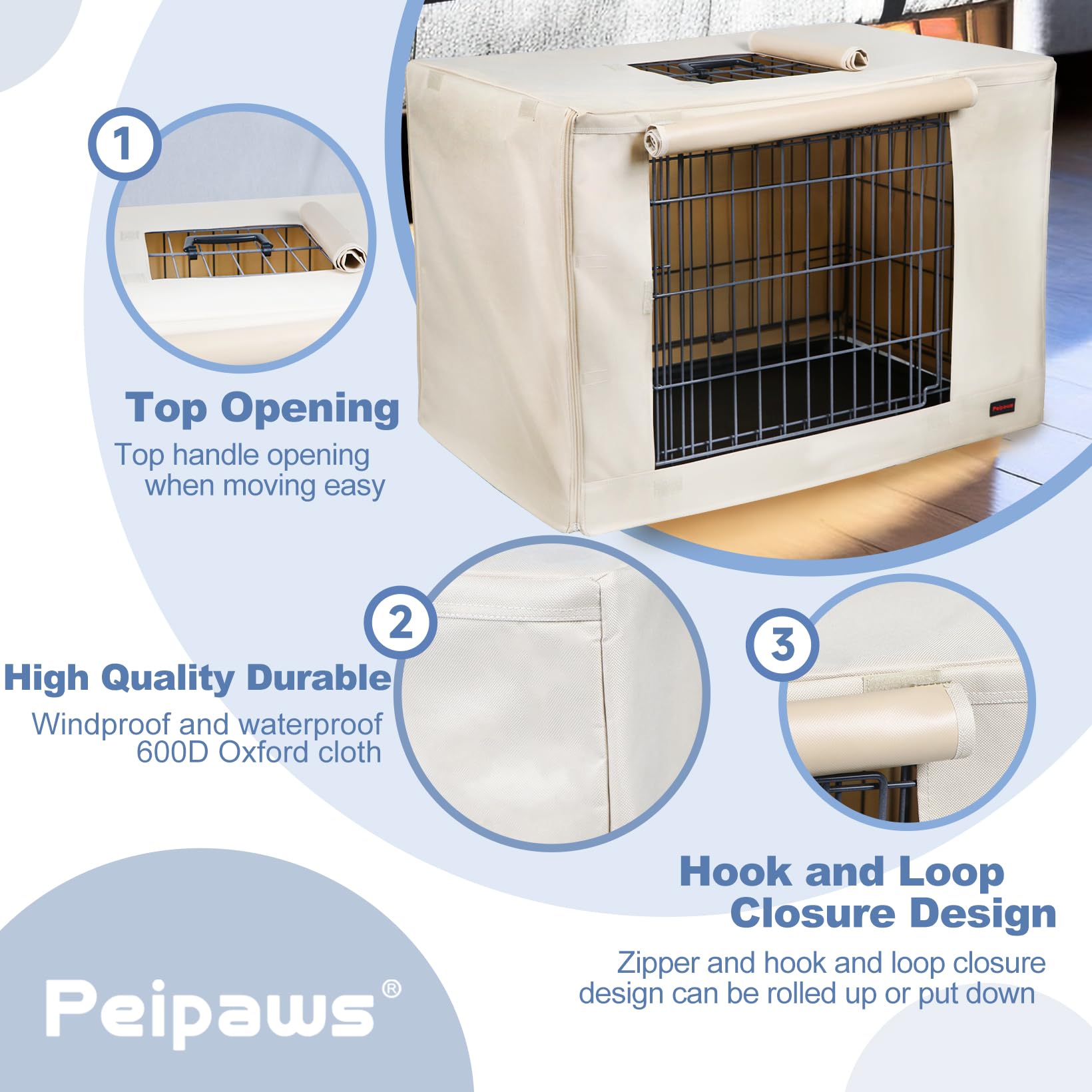48 Inch Dog Crate Cover - Waterproof 600D Oxford Fabric Pet Kennel Cover with Built-in Water Bottle Nozzle | Durable & Breathable | Perfect for Indoor/Outdoor Use, Travel & Vet Visits (Tan)