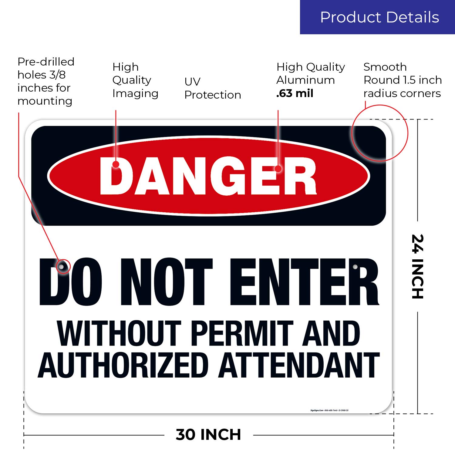 Danger Do Not Enter Without Permit Sign - OSHA Compliant 24x30 Inches Rust-Free Aluminum - Fade Resistant for Indoor & Outdoor Use - Made in USA - Perfect for Construction Sites, Warehouses & Restricted Areas