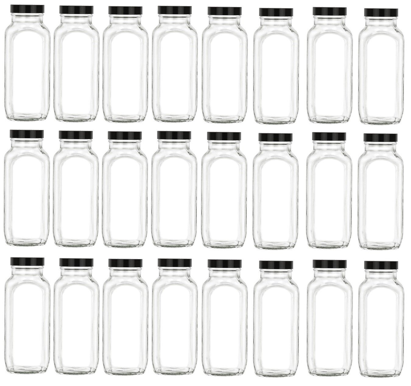 Nakpunar 24-Piece 16 oz Glass French Square Bottle Set with Black BPA-Free Airtight Lids - Wide Mouth Leak Proof Containers for Juice, Kombucha, Salad Dressing - Perfect for Home Brewing, Meal Prep & Gift Giving