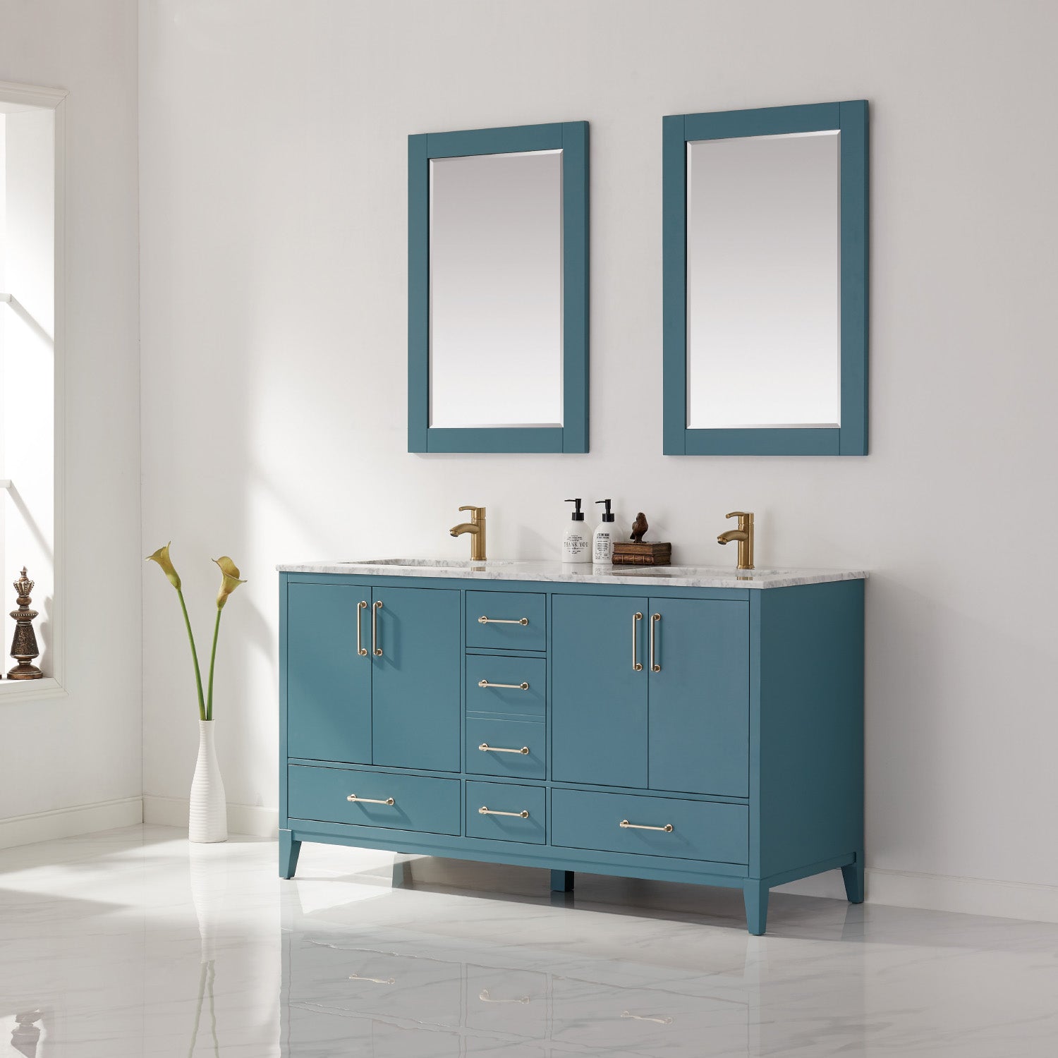 Sutton 60 Inch Double Bathroom Vanity Set with Marble Countertop - Modern Bathroom Furniture for Master Bath & Guest Bath Remodeling
