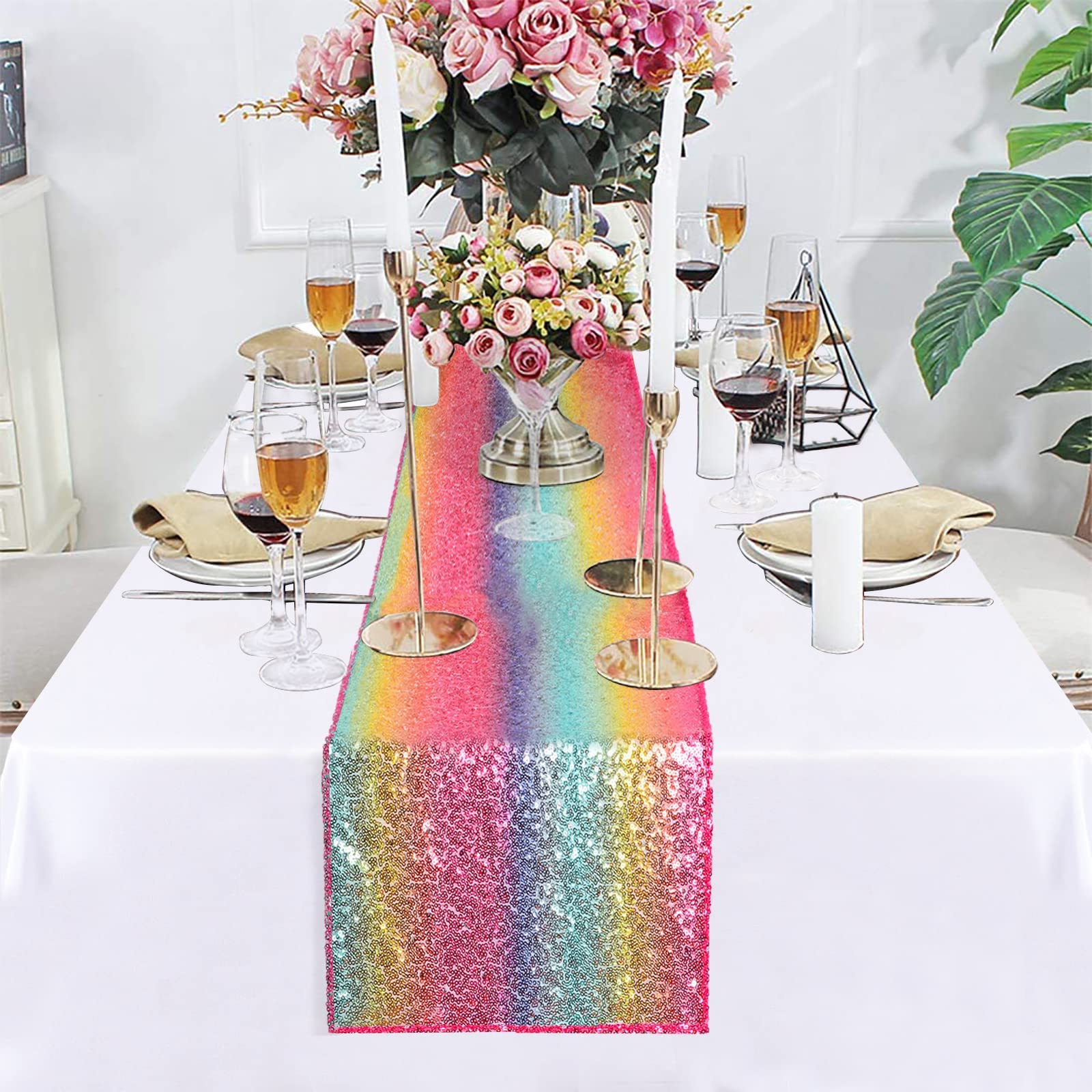 DUOBAO 2 Pack Rainbow Sequin Table Runners 72 Inches Long - Glitter Wedding Table Decor, 12x72 Inch Party Table Linen Overlay for Wedding, Birthday, Holiday & Home Decoration