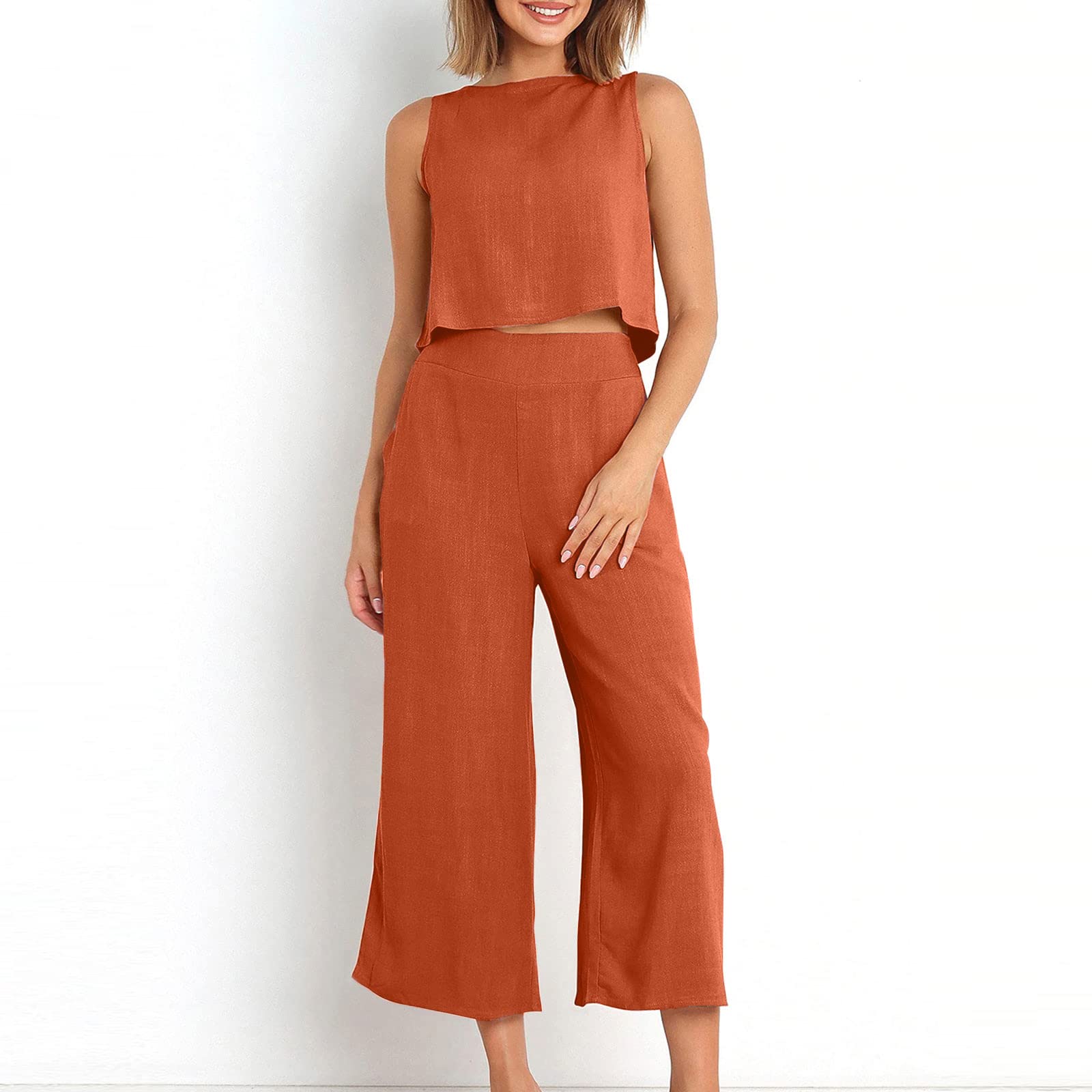 Women's 2-Piece Linen Outfit Set - Summer Crop Top & High Waist Wide Leg Capri Pants | Lounge Wear, Casual Matching Set for Beach, Vacation & Everyday Comfort