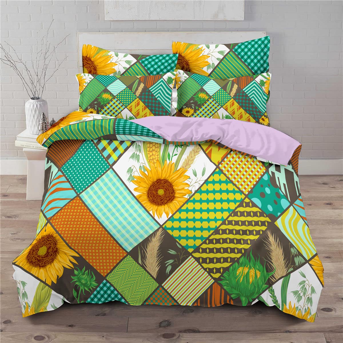 KIVDFIGE 3-Piece Queen Size Comforter Set - Soft Microfiber Bedding with Lattice Sunflower Design, All-Season Bedspread & 2 Pillowcases | Perfect for Cozy Bedroom Decor & Guest Room Essentials