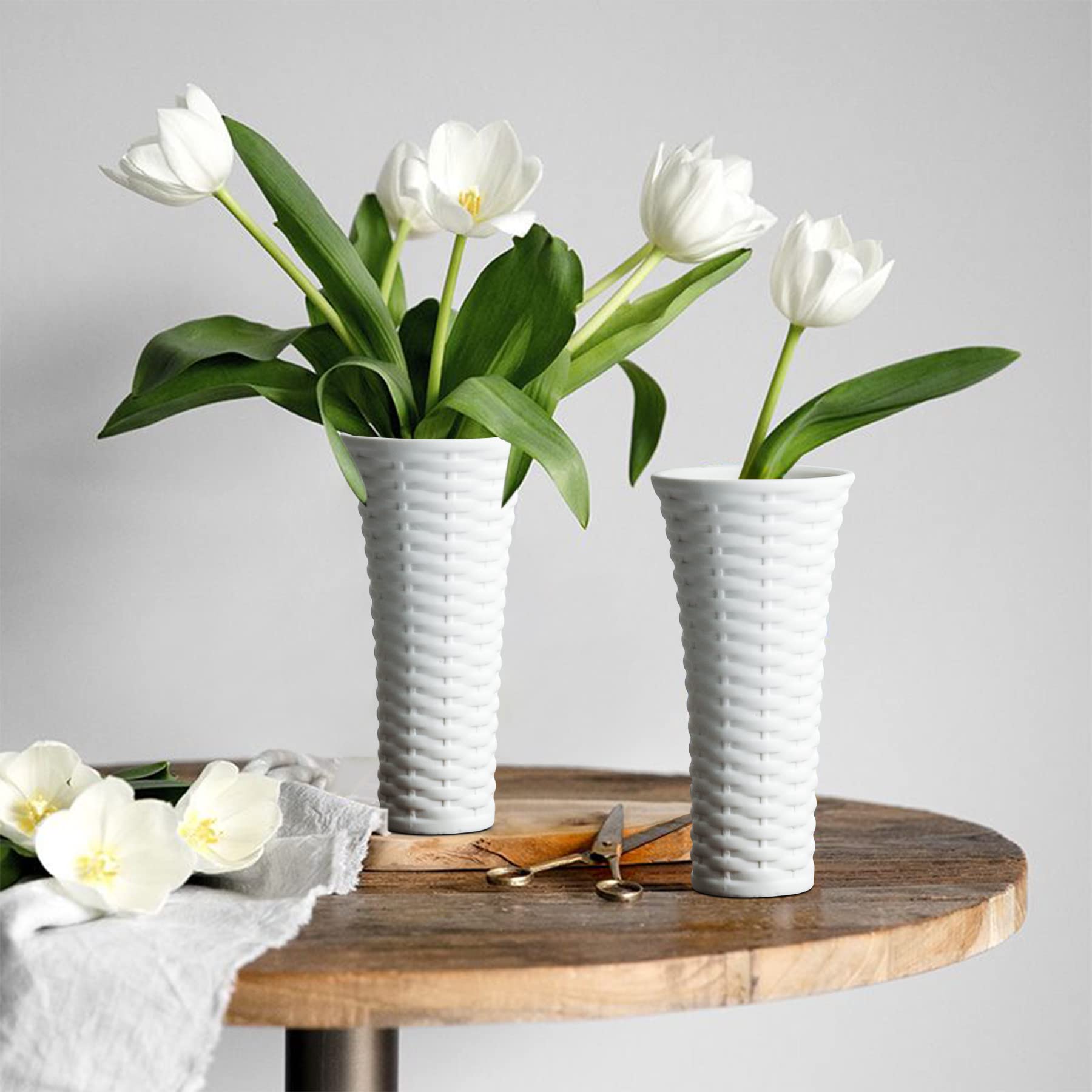 ComSaf 3-Piece White Ceramic Vase Set - Elegant Porcelain Flower Vases with Rattan Design for Home Decor | Perfect for Living Room, Wedding Centerpieces & Farmhouse Style Decor