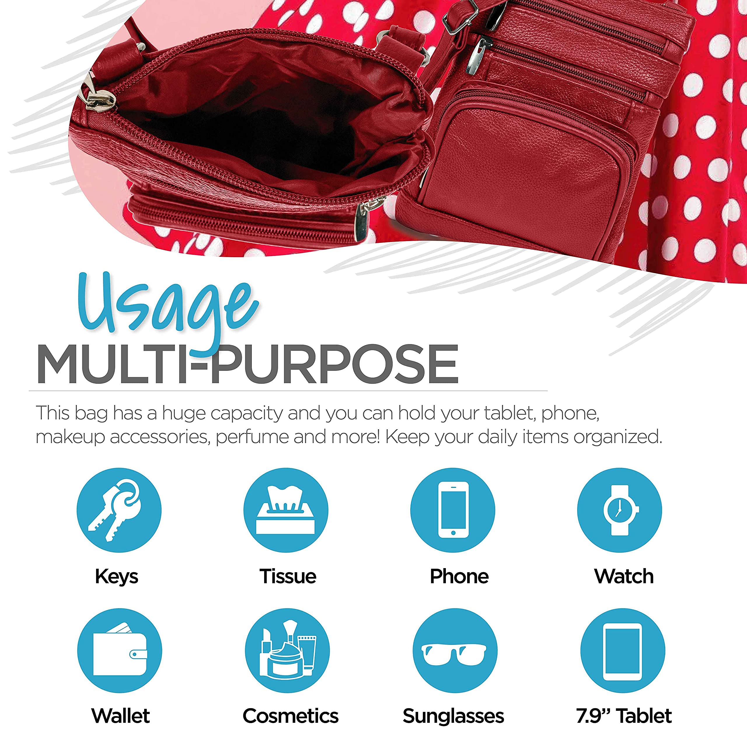Krediz Genuine Leather Crossbody Bags for Women - Adjustable Strap, Multiple Pockets, Soft & Durable - Perfect for Travel, Shopping & Everyday Use