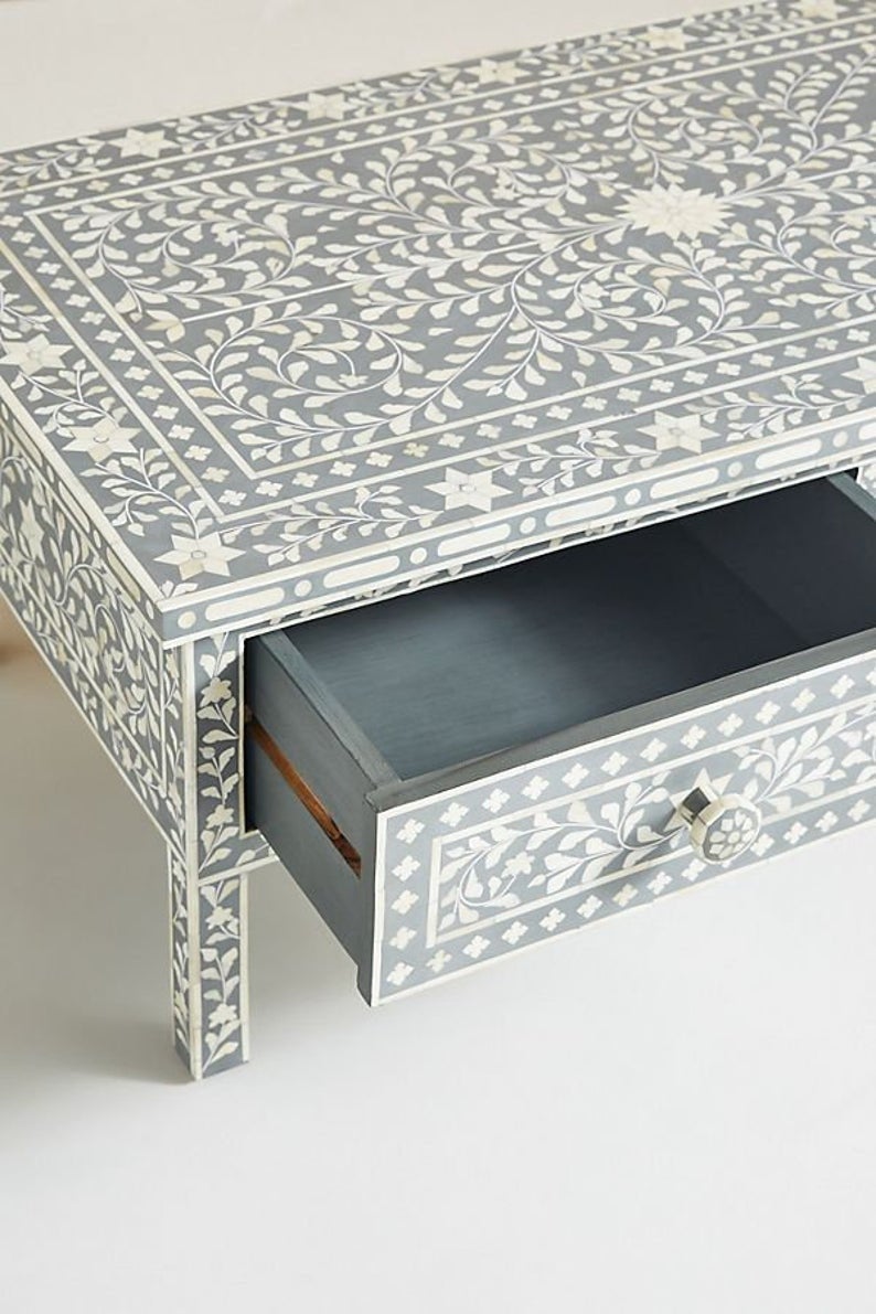Handmade Bone Inlay Floral Design Coffee Table with Two Drawers - Grey Modern Side Table for Living Room, Bedroom & Office Decor
