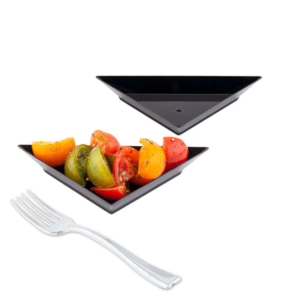 100-Pack Black Plastic Mini Triangle Appetizer Plates & 100-Pack Silver Plastic Mini Forks - Perfect for Parties, Weddings, and Catering Events