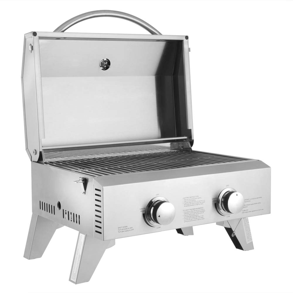 ROVSUN 2-Burner Portable Gas Grill with 20,000BTU, Stainless Steel Camping Griddle for Outdoor BBQ, Patio, Picnic & Tailgating - Perfect for Backyard, Garden & Home Use with Regulator & Hose Included