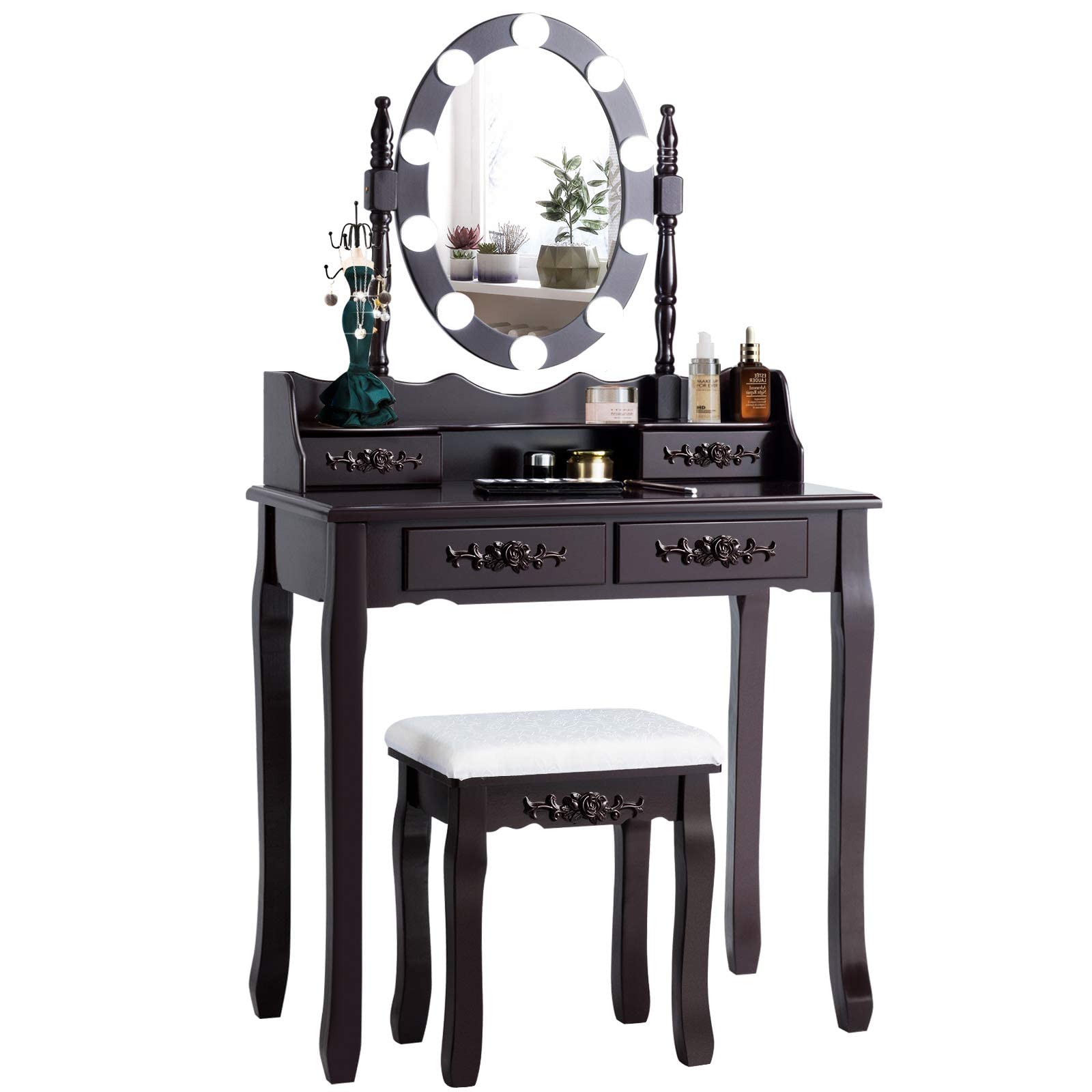 Giantex LED Makeup Vanity Table with Adjustable Brightness & 3 Light Modes - 10 LED Lights, Rotatable Mirror, 4 Drawers & Cushioned Stool - Dressing Table for Bedroom, Home Decor & Beauty Salon (Espresso) - Perfect for Makeup Application, Skincare Routine & Hair Styling