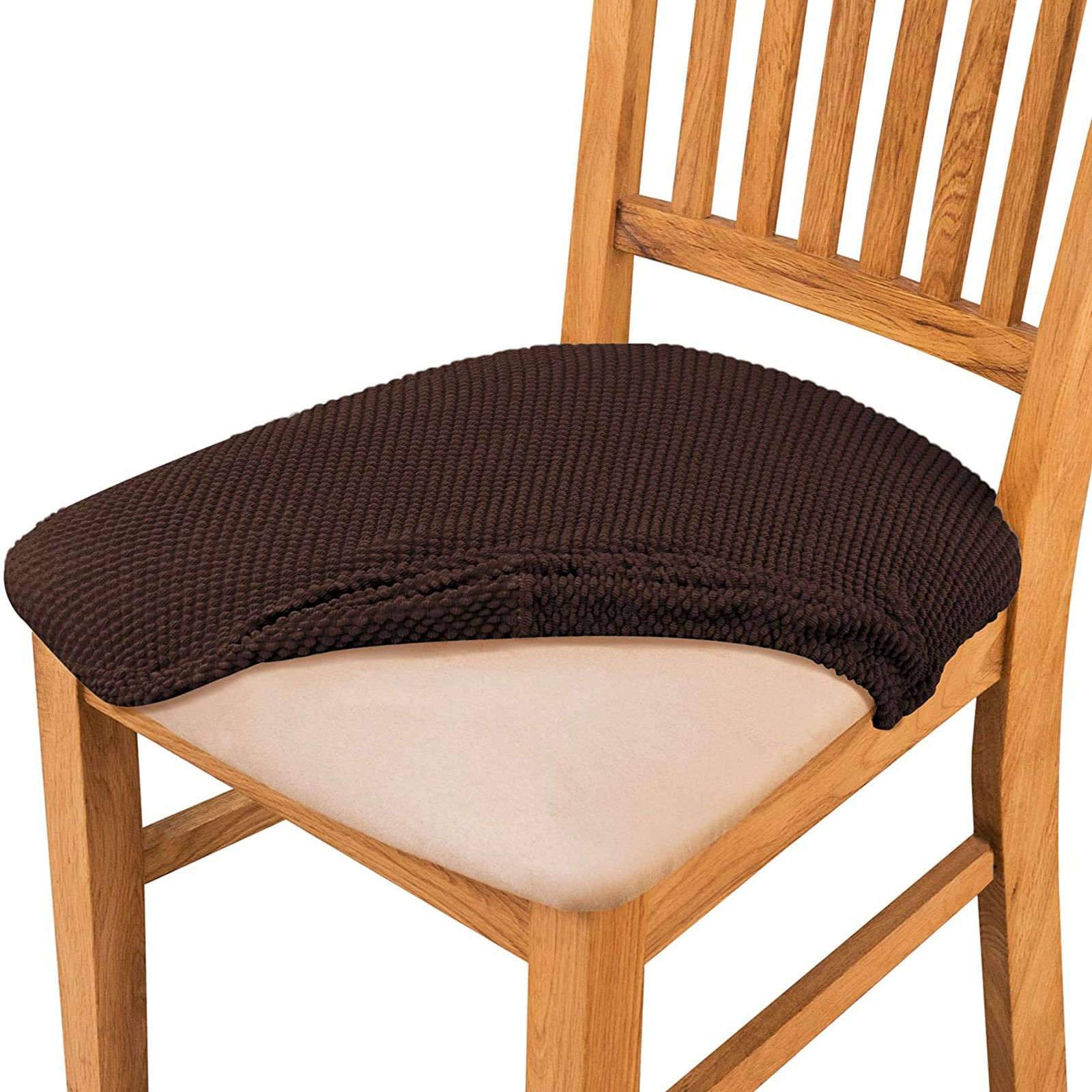 Stretch Chair Seat Covers - 4 Pack Spandex Jacquard Washable Cushion Covers for Kitchen, Dining, Hotel & Wedding Events (Brown) | Perfect for Home, Office, Restaurant & Banquet Decor