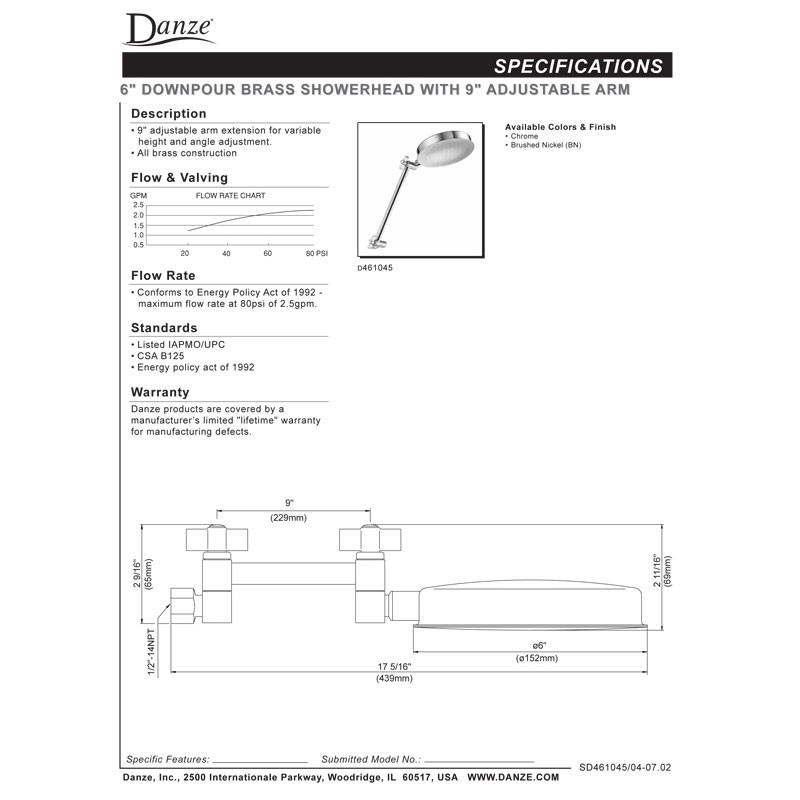 Danze Chrome 6 Downpour Showerhead with 9 Adjustable Height Shower Arm - Luxury Rainfall Shower System for Spa-Like Bathroom Experience